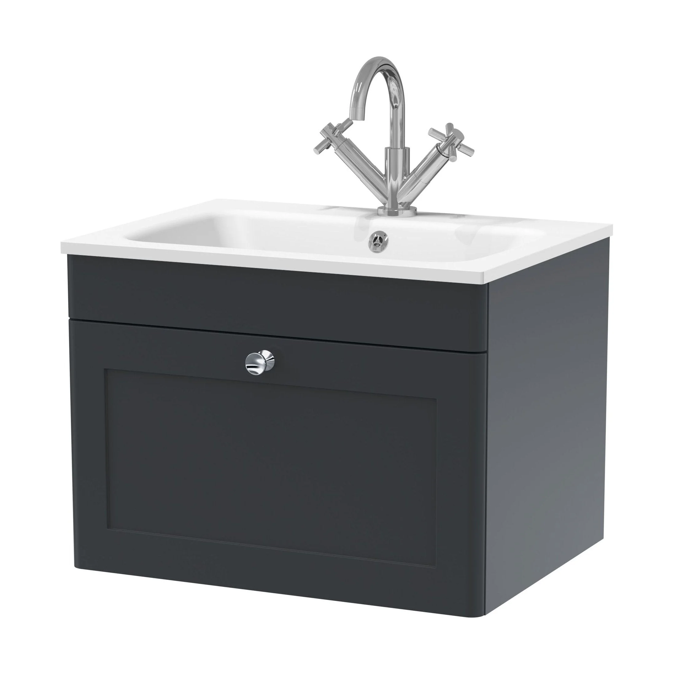 Swynnerton Traditional 1 Drawer Wall Hung Vanity Unit with Stone Basin, Dark Grey, 600mm