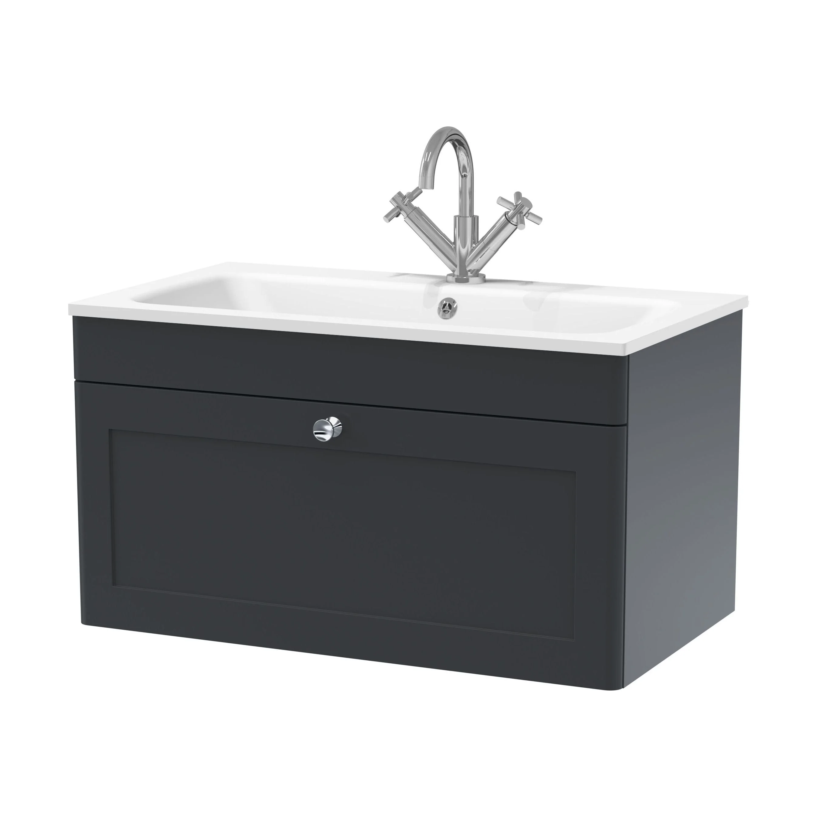 Swynnerton Traditional 1 Drawer Wall Hung Vanity Unit with Stone Basin, Dark Grey, 800mm