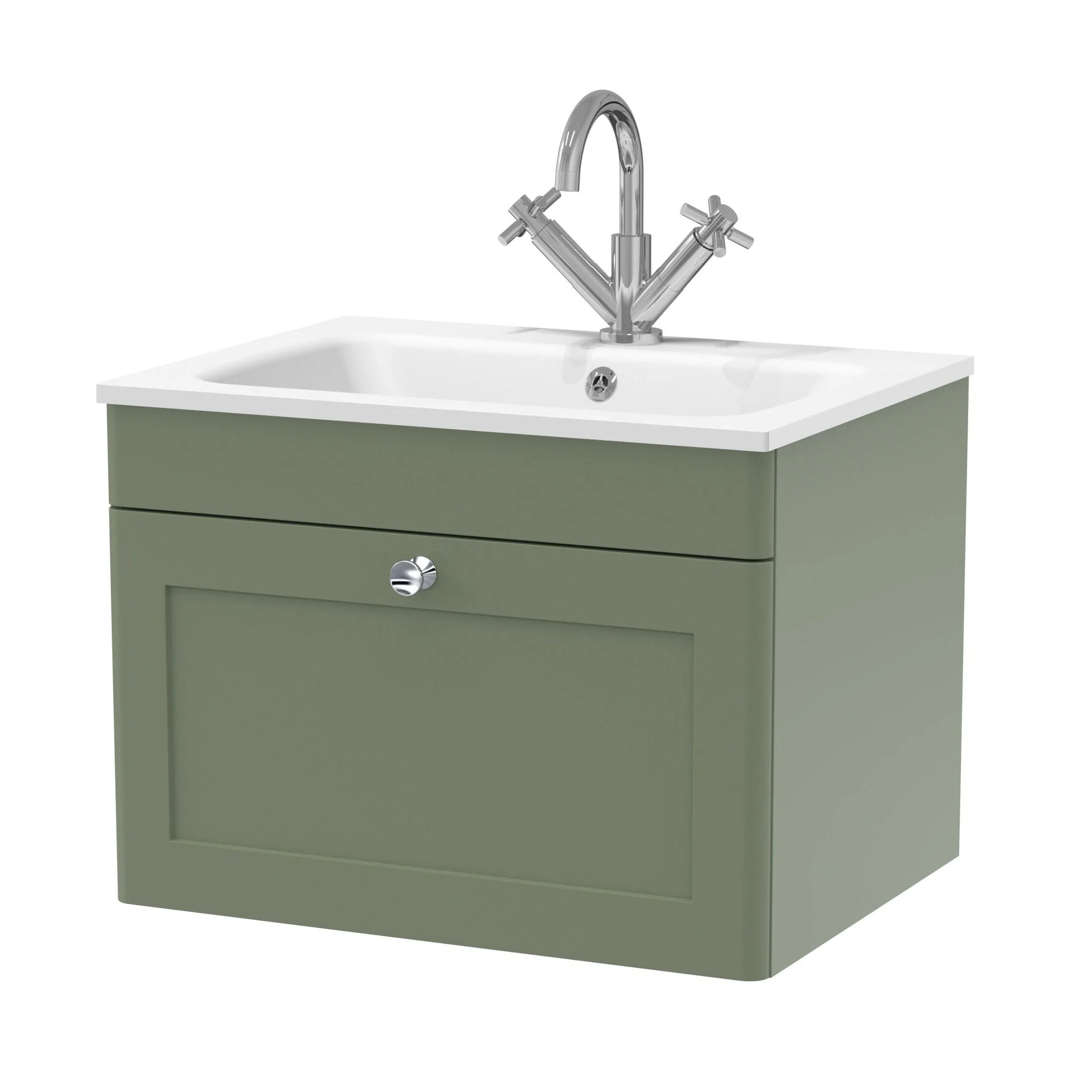 Swynnerton Traditional 1 Drawer Wall Hung Vanity Unit with Stone Basin, Satin Green, 600mm