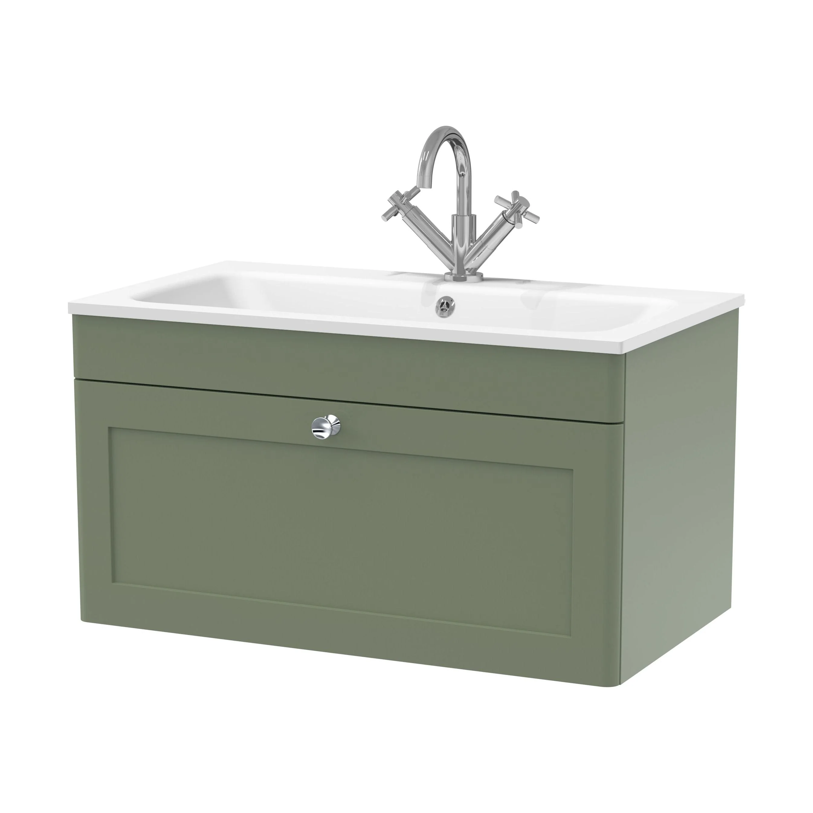 Swynnerton Traditional 1 Drawer Wall Hung Vanity Unit with Stone Basin, Satin Green, 800mm