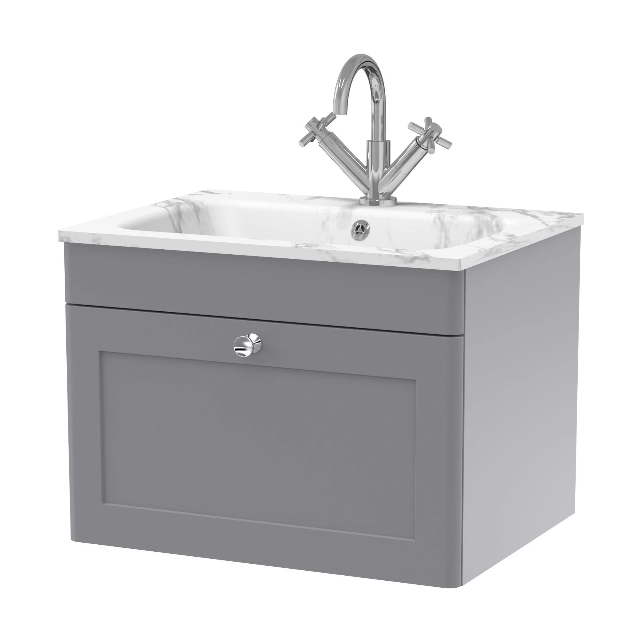 Swynnerton Traditional 1 Drawer Wall Hung Vanity Unit with Stone Basin, Satin Grey, 600mm