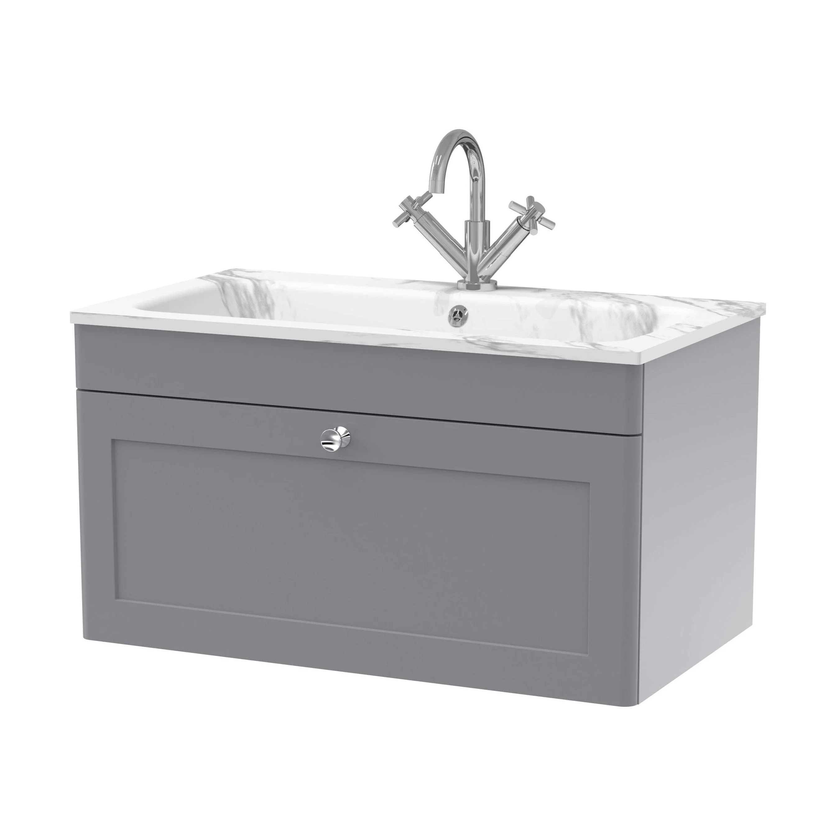 Swynnerton Traditional 1 Drawer Wall Hung Vanity Unit with Stone Basin, Satin Grey, 800mm