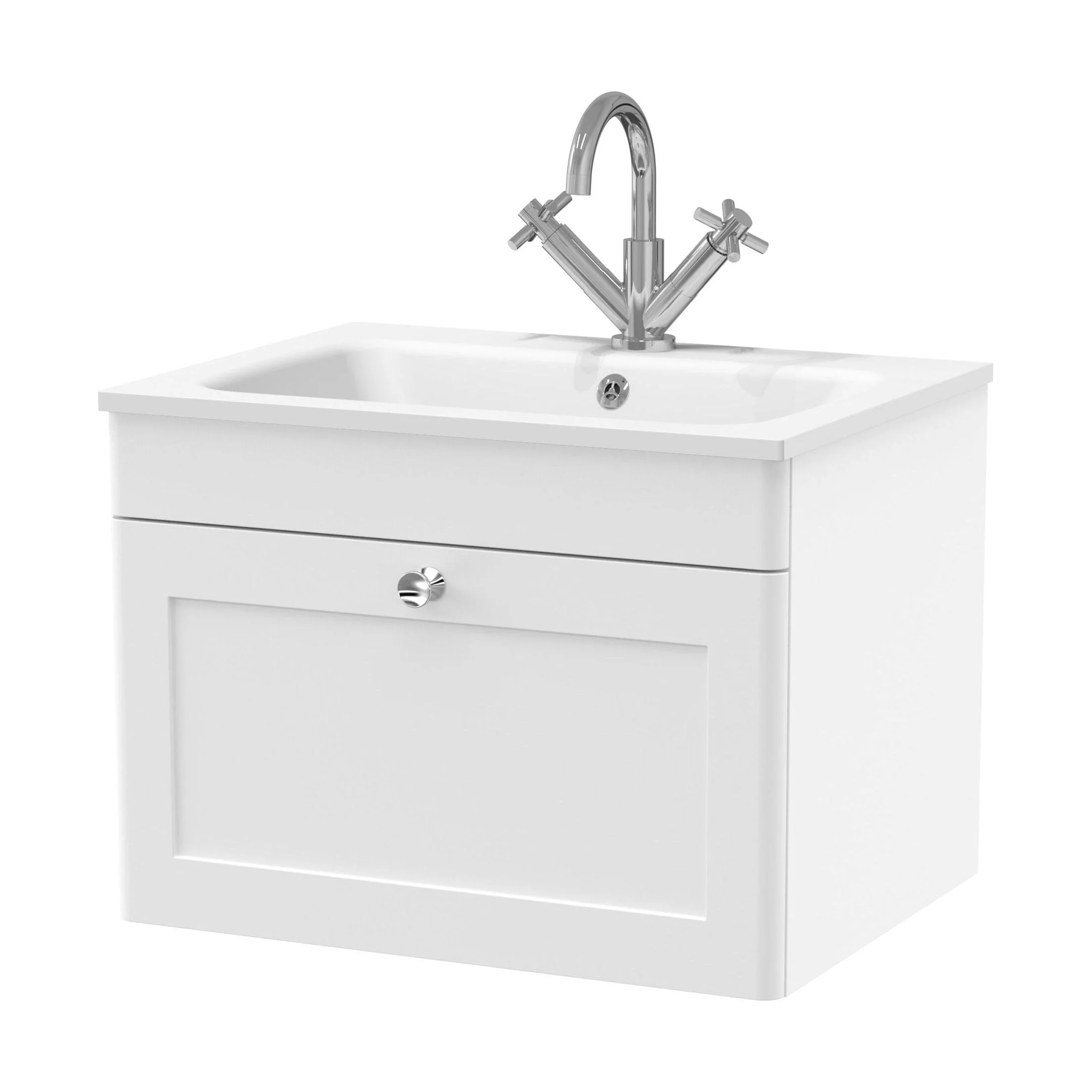 Swynnerton Traditional 1 Drawer Wall Hung Vanity Unit with Stone Basin, Satin White, 600mm