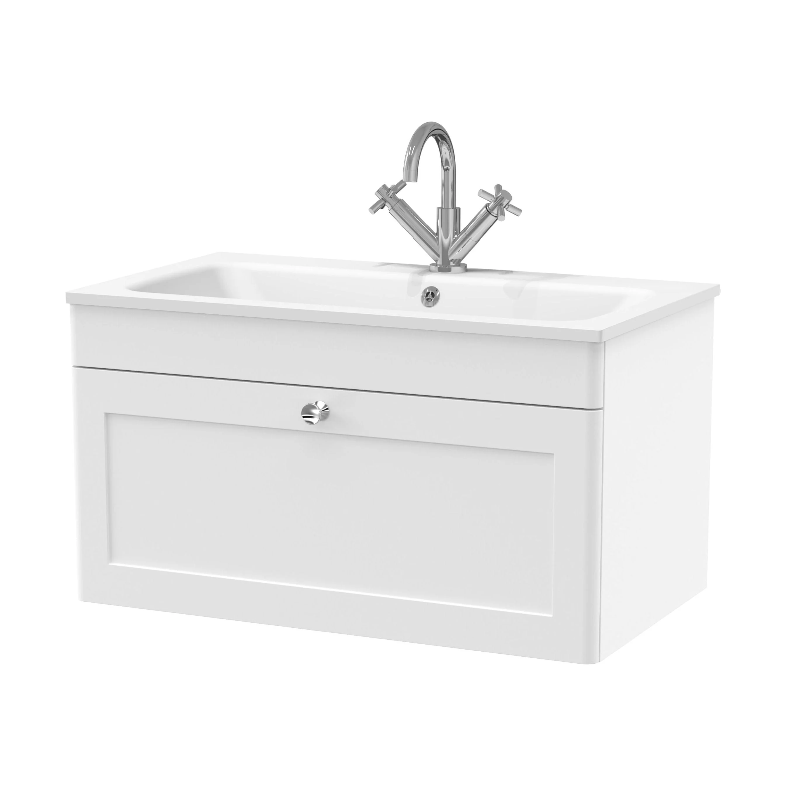 Swynnerton Traditional 1 Drawer Wall Hung Vanity Unit with Stone Basin, Satin White, 800mm