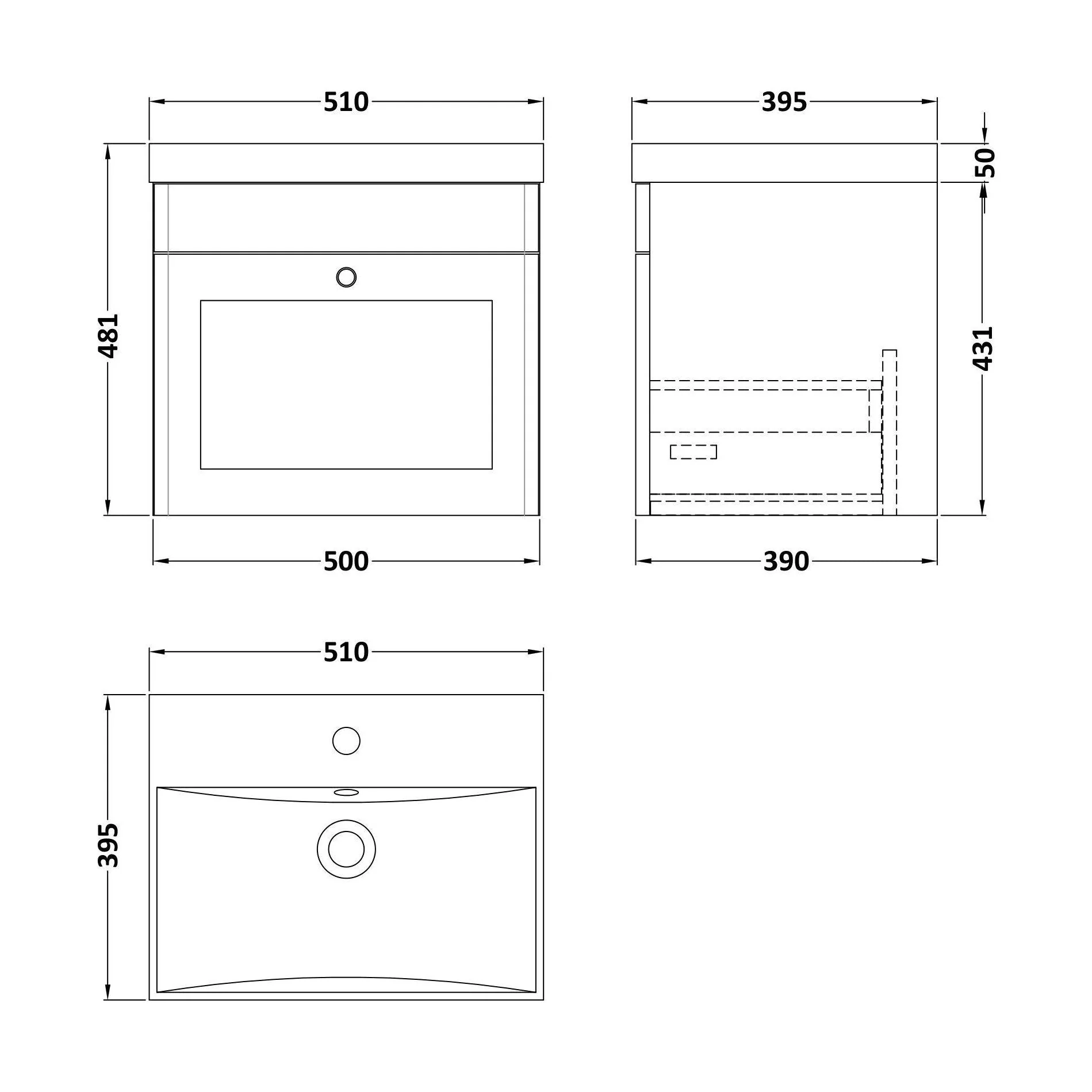 Swynnerton Traditional 1 Drawer Wall Hung Vanity Unit with Thin Edge Basin, Dark Grey, 500mm - Image 2
