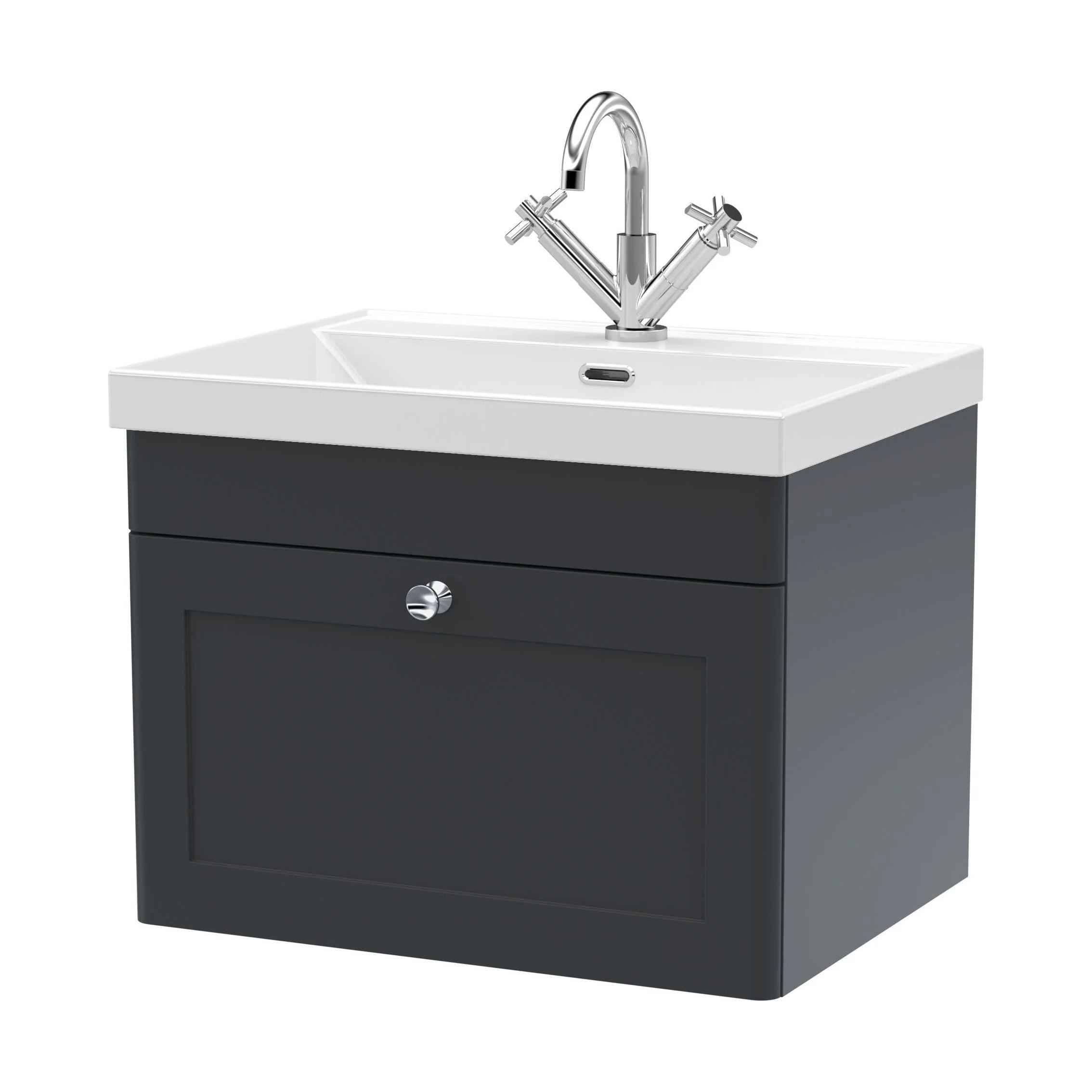 Swynnerton Traditional 1 Drawer Wall Hung Vanity Unit with Thin Edge Basin, Dark Grey, 600mm