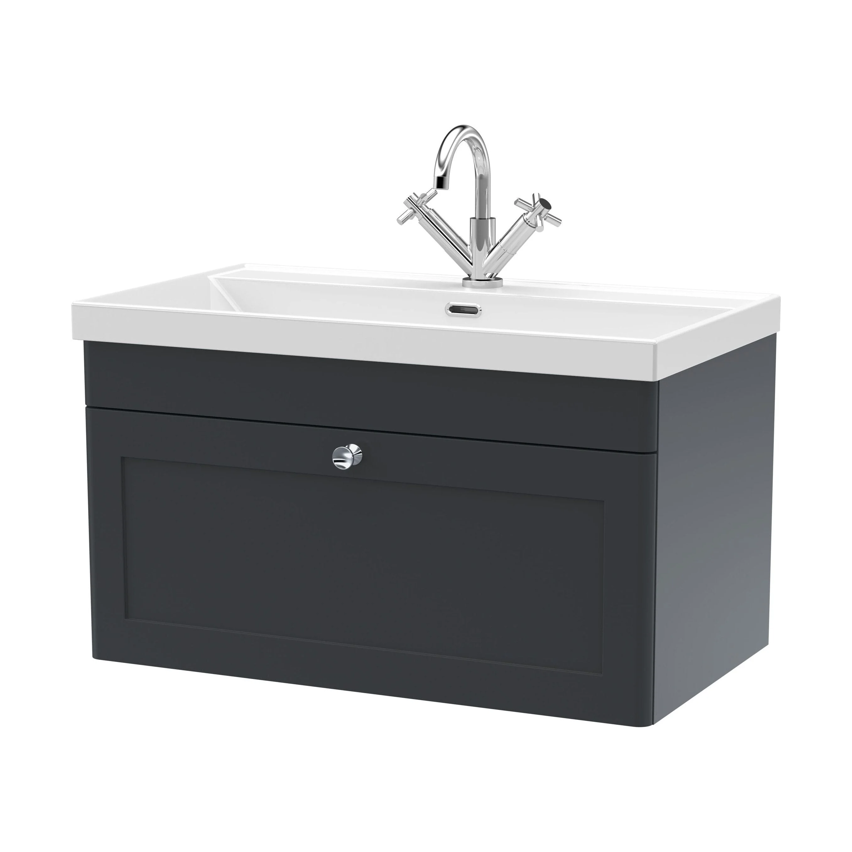 Swynnerton Traditional 1 Drawer Wall Hung Vanity Unit with Thin Edge Basin, Dark Grey, 800mm