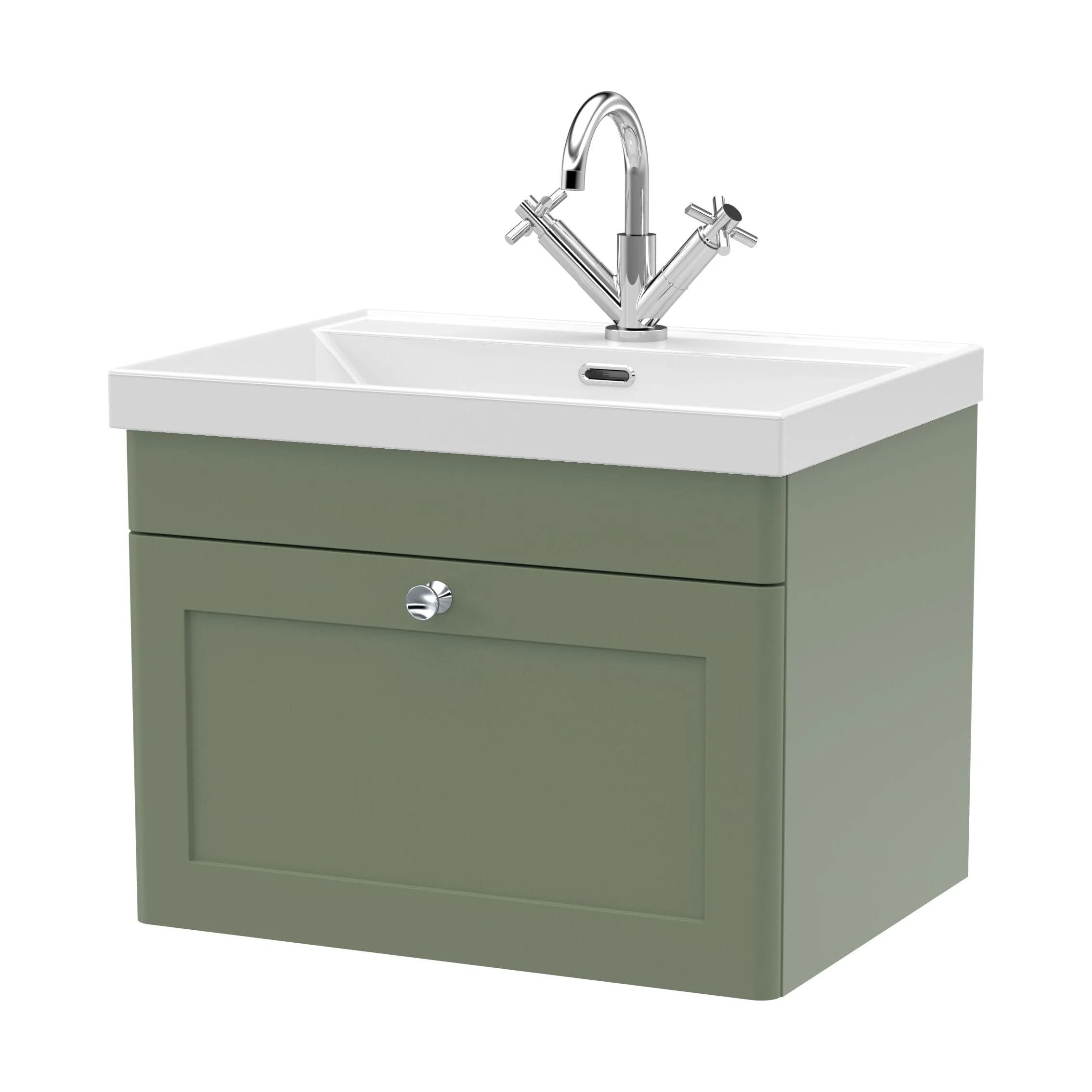 Swynnerton Traditional 1 Drawer Wall Hung Vanity Unit with Thin Edge Basin, Satin Green, 600mm