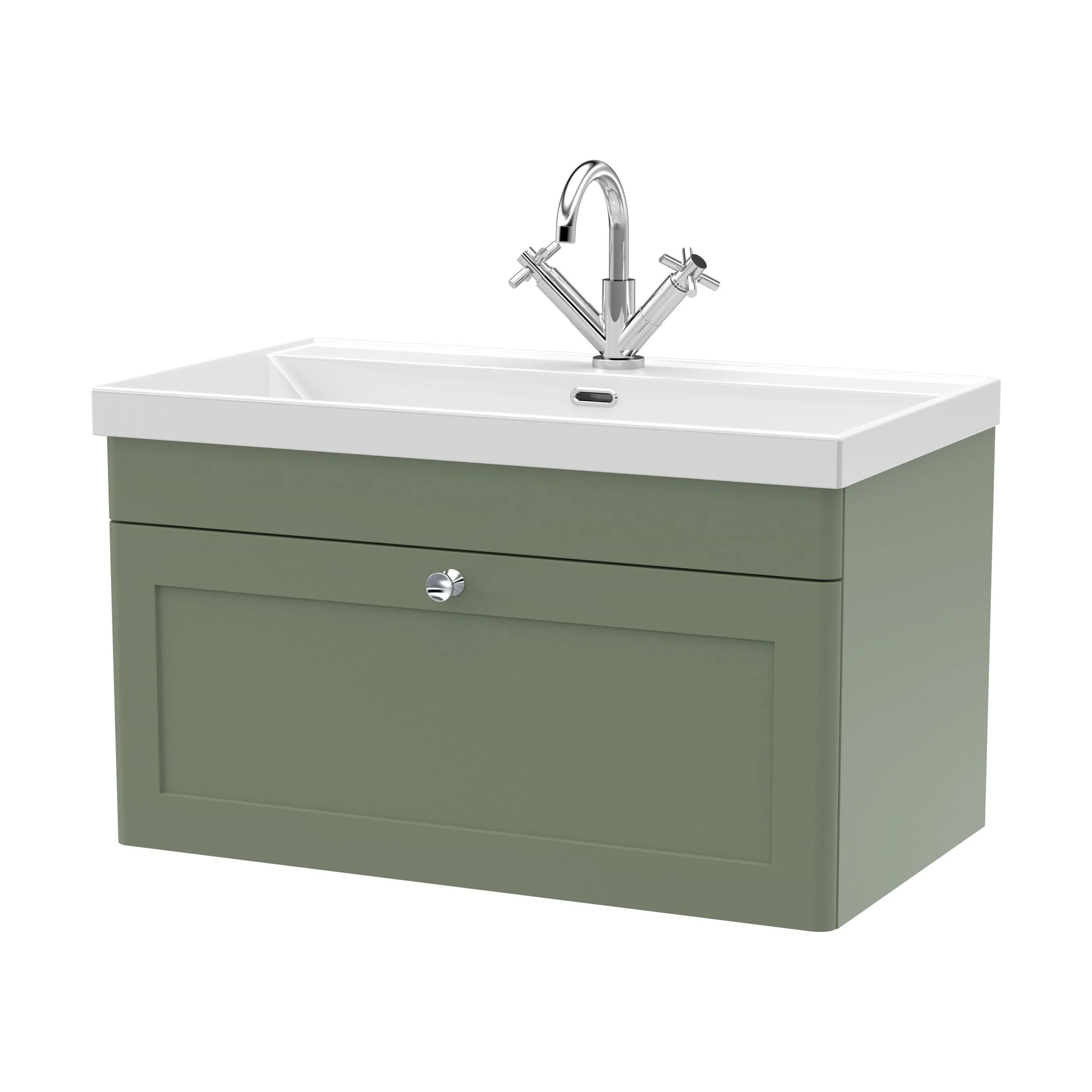 Swynnerton Traditional 1 Drawer Wall Hung Vanity Unit with Thin Edge Basin, Satin Green, 800mm