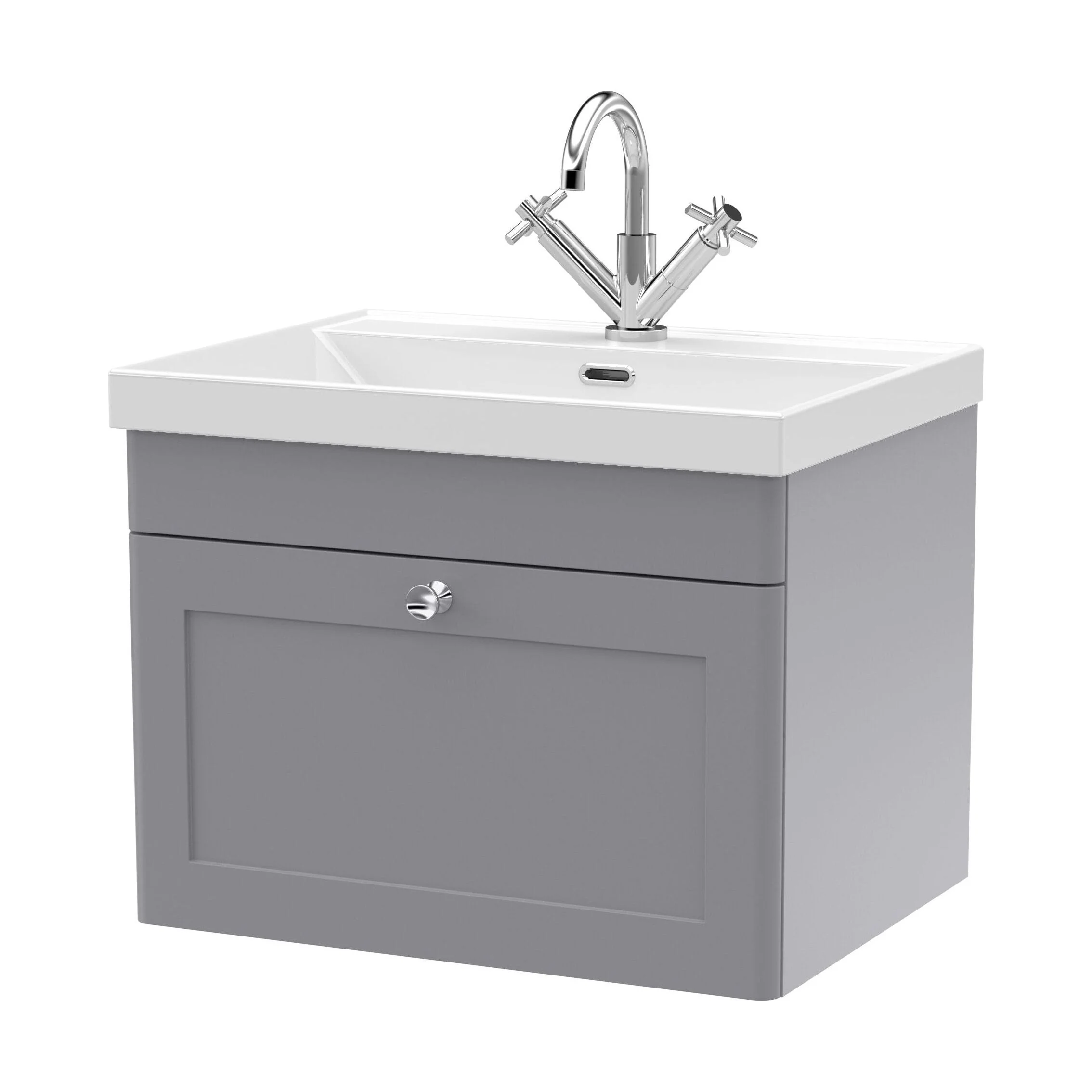 Swynnerton Traditional 1 Drawer Wall Hung Vanity Unit with Thin Edge Basin, Satin Grey, 600mm