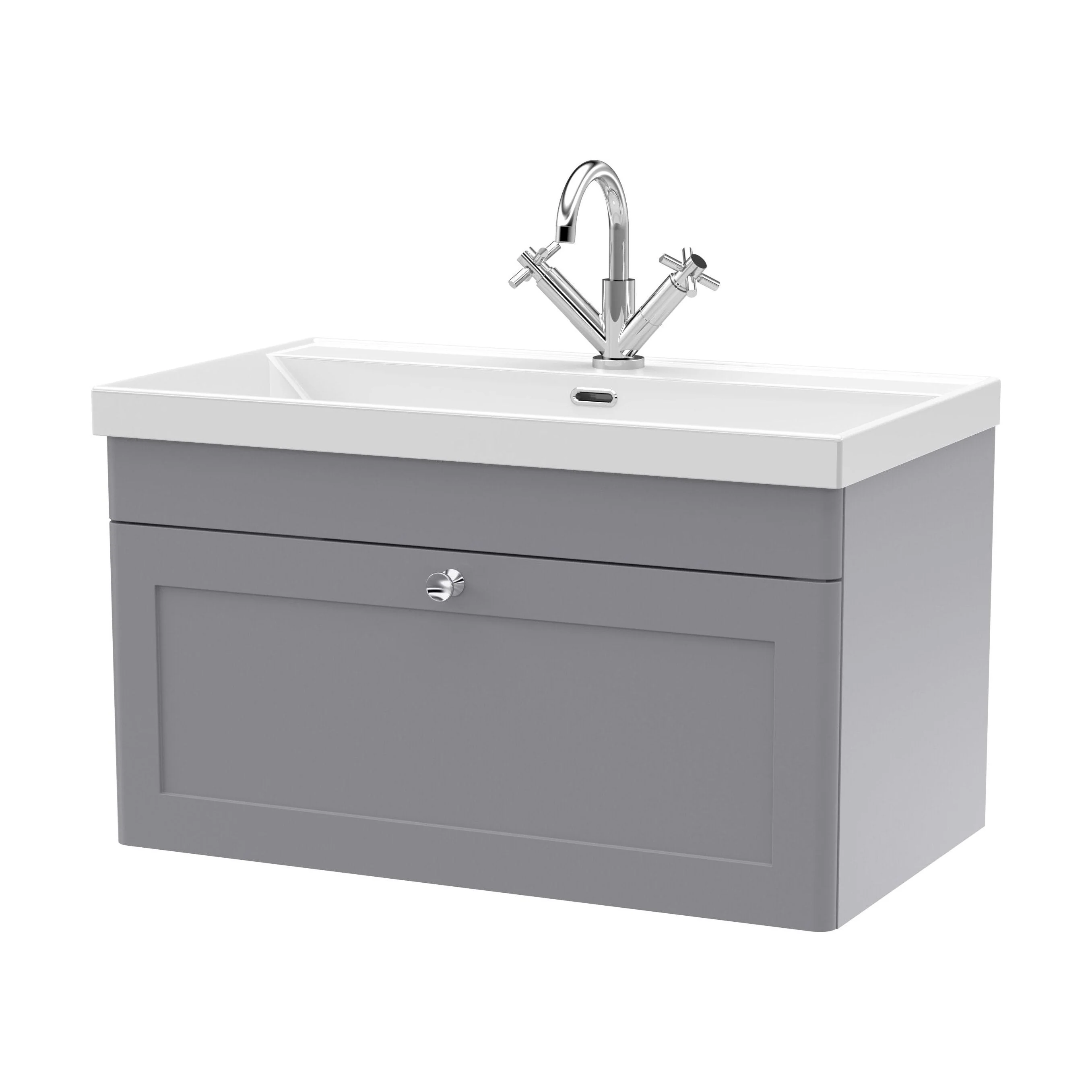 Swynnerton Traditional 1 Drawer Wall Hung Vanity Unit with Thin Edge Basin, Satin Grey, 800mm