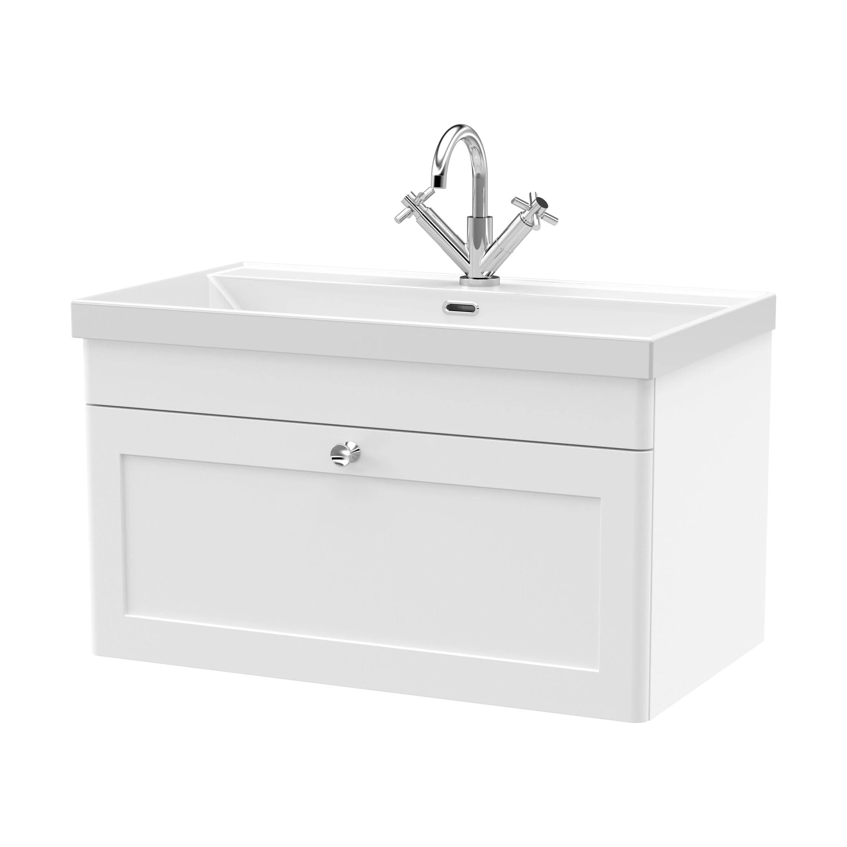 Swynnerton Traditional 1 Drawer Wall Hung Vanity Unit with Thin Edge Basin, Satin White, 800mm