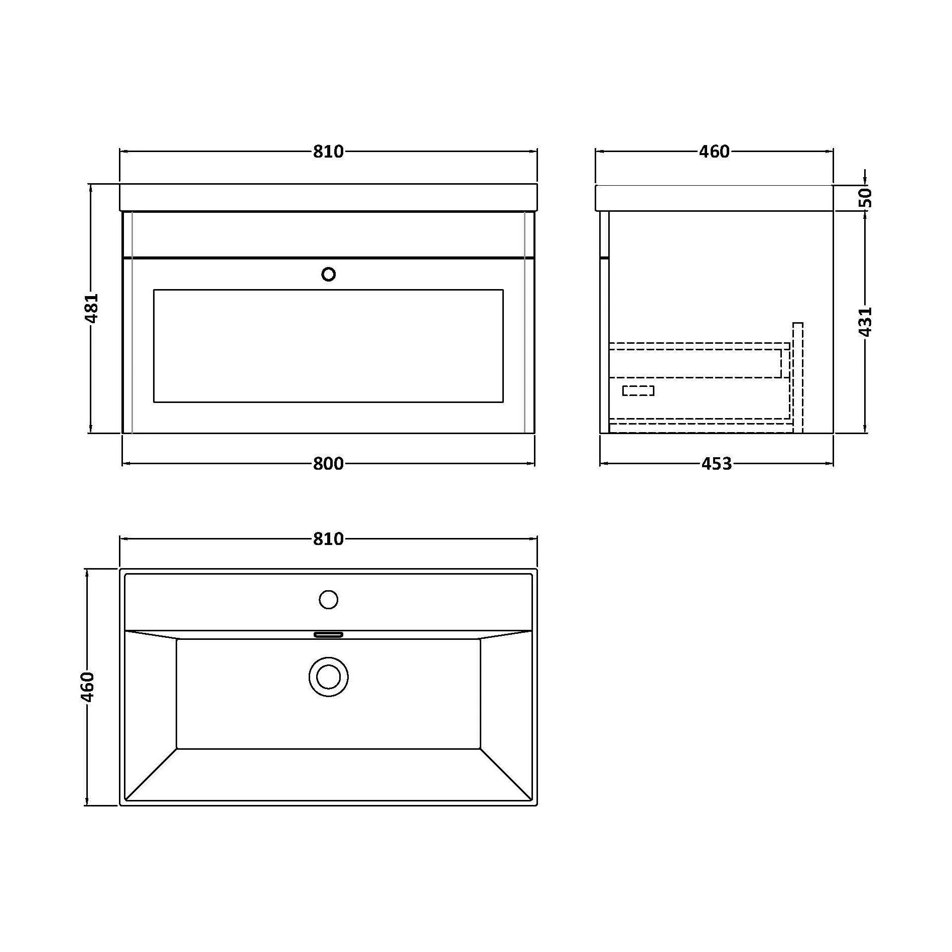 Swynnerton Traditional 1 Drawer Wall Hung Vanity Unit with Thin Edge Basin, Satin White, 800mm - Image 2