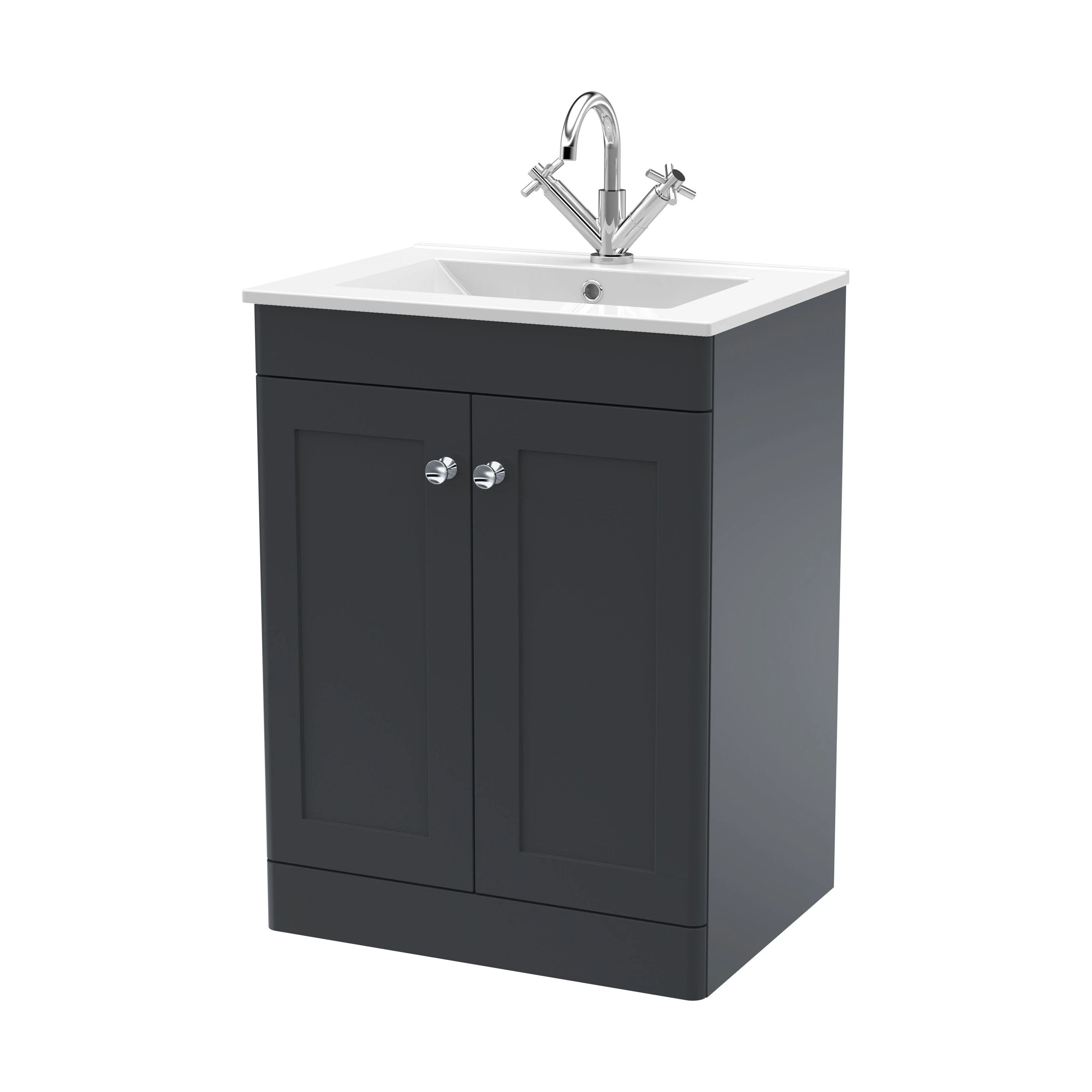 Swynnerton Traditional 2 Door Floor Standing Vanity Unit with Basin, Dark Grey, 600mm