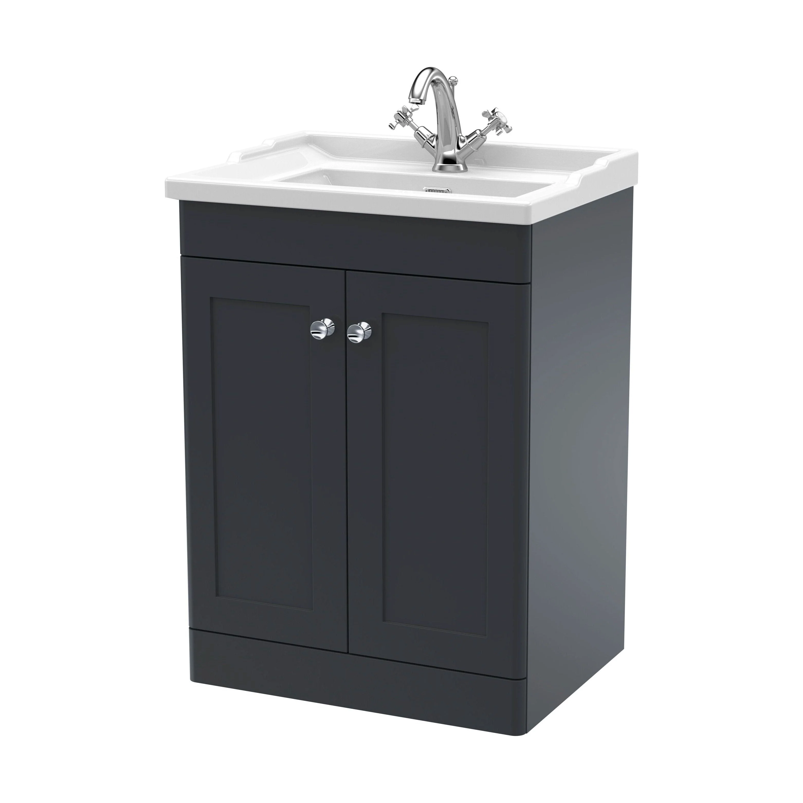 Swynnerton Traditional 2 Door Floor Standing Vanity Unit with Basin, Dark Grey, 600mm