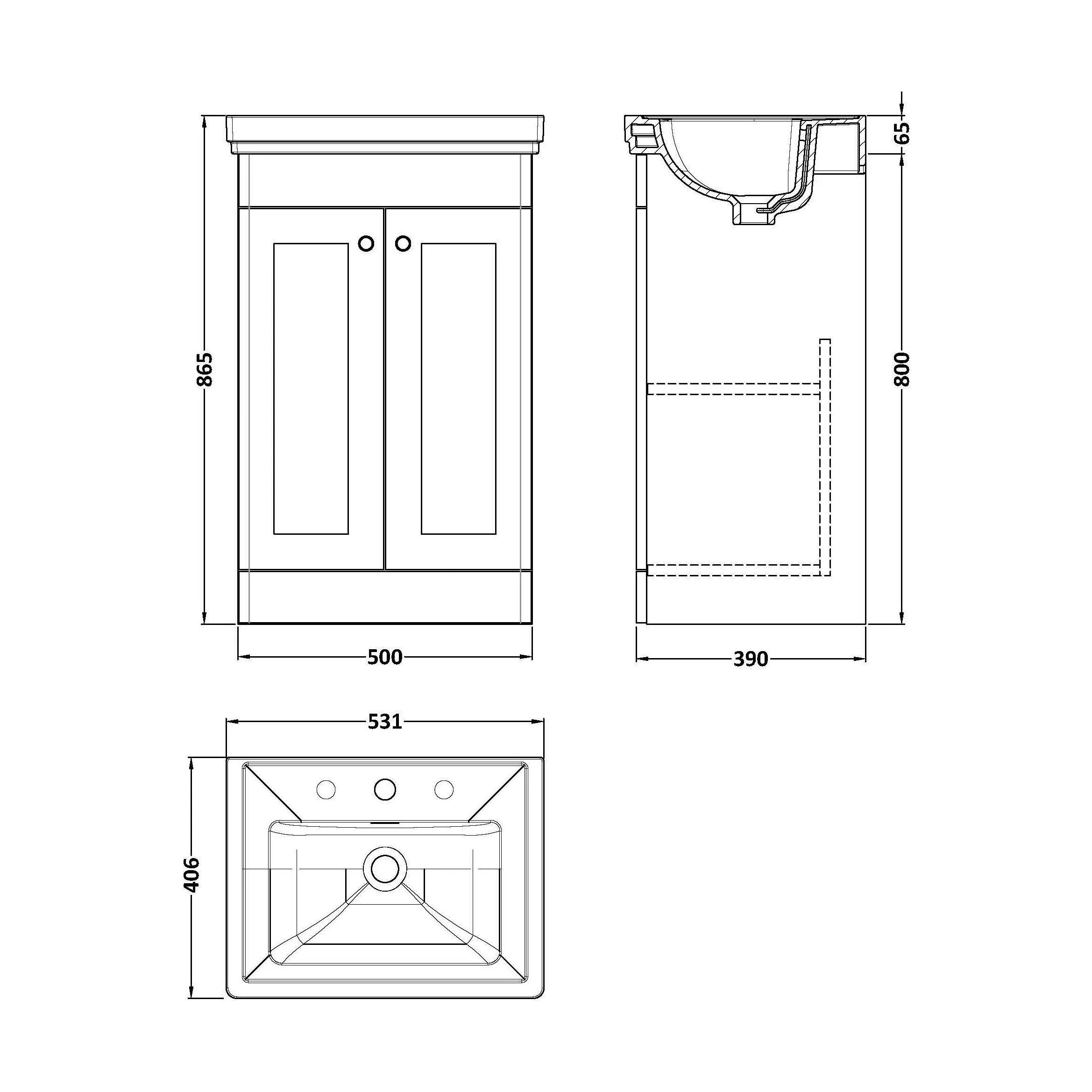 Swynnerton Traditional 2 Door Floor Standing Vanity Unit with Basin, Satin Green, 500mm - Image 2