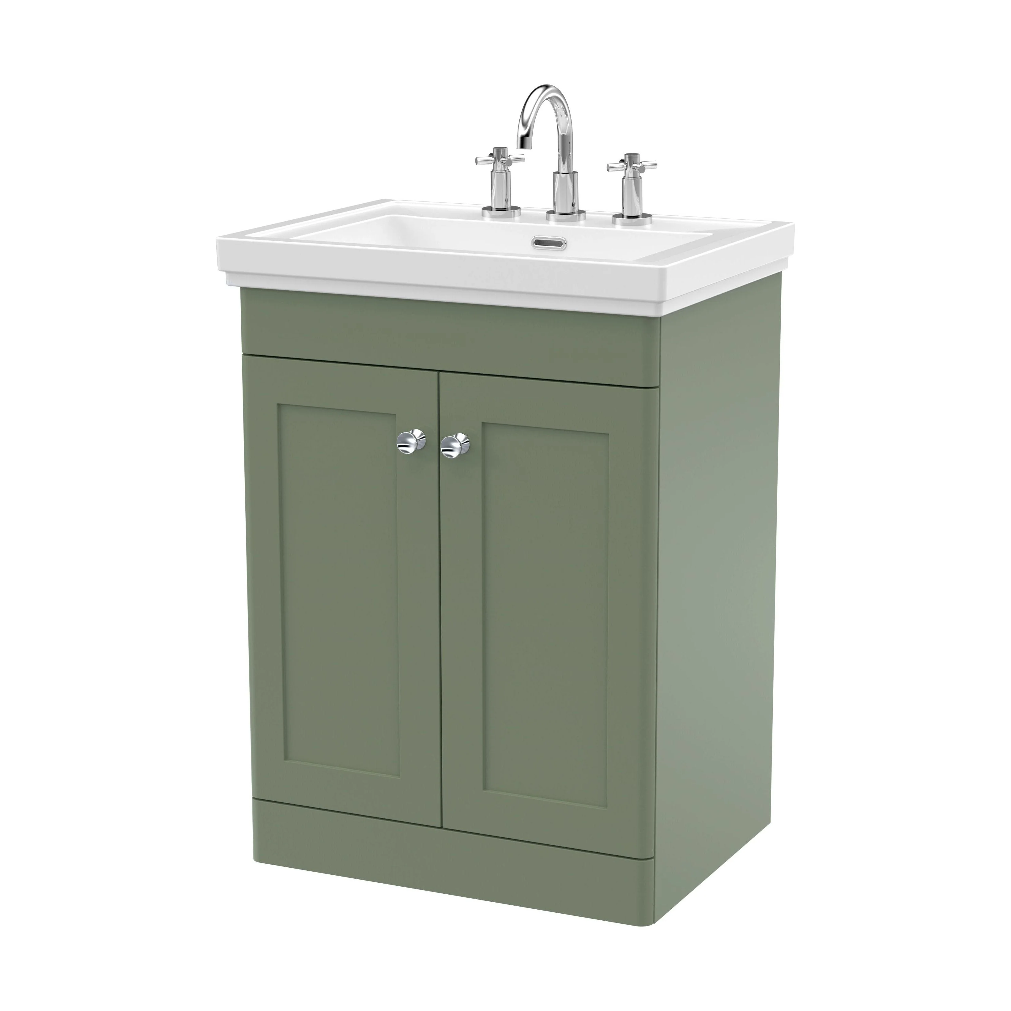 Swynnerton Traditional 2 Door Floor Standing Vanity Unit with Basin, Satin Green, 600mm