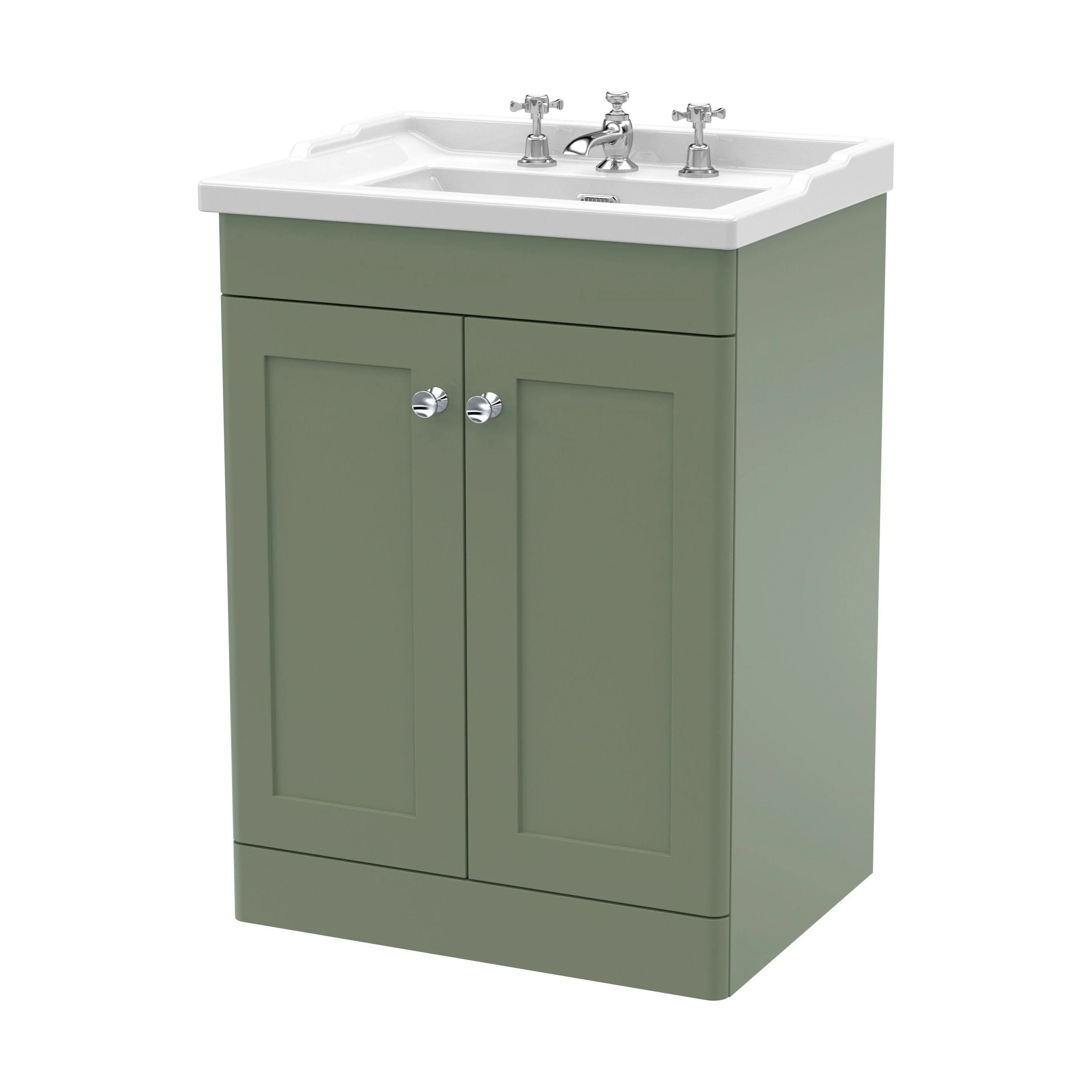 Swynnerton Traditional 2 Door Floor Standing Vanity Unit with Basin, Satin Green, 600mm