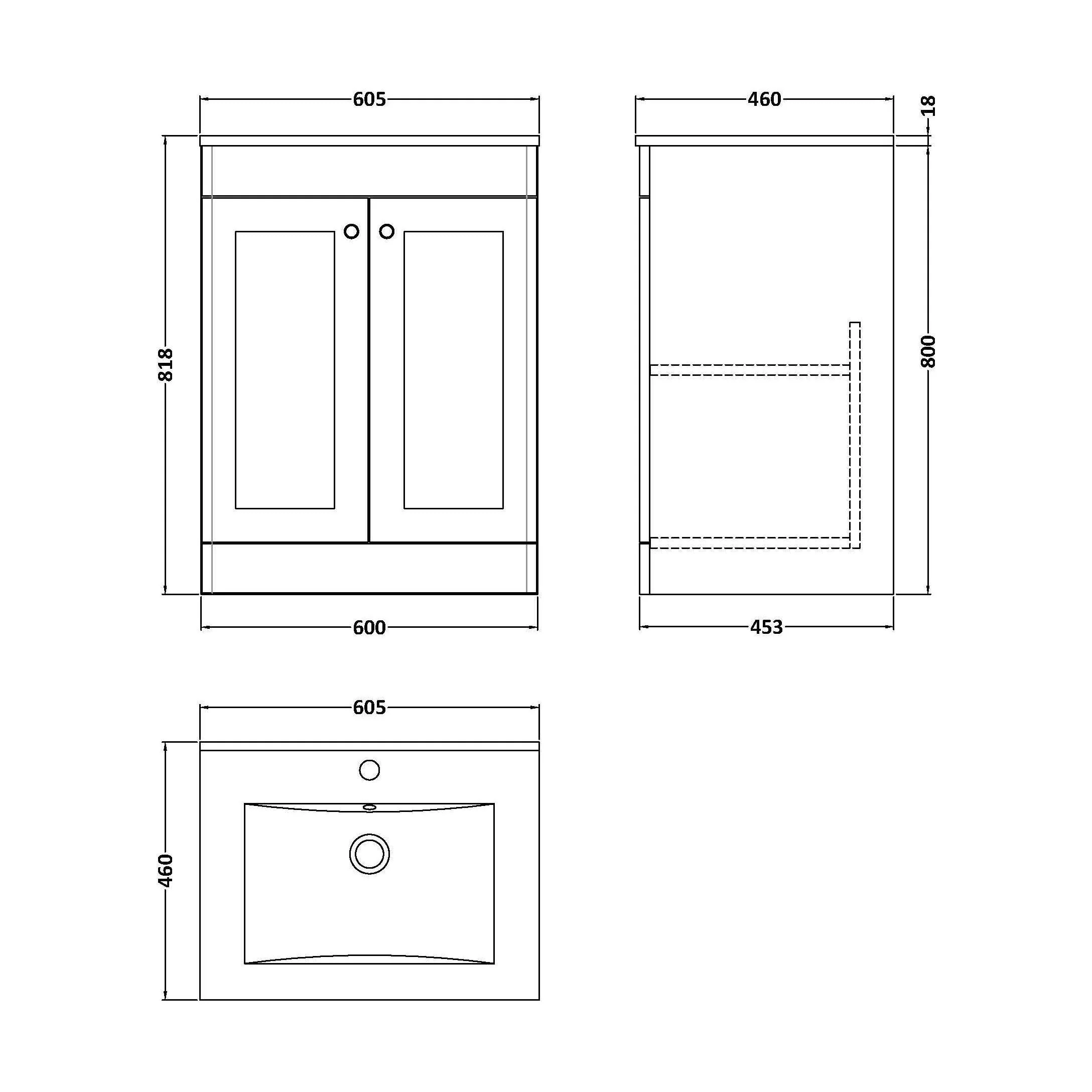 Swynnerton Traditional 2 Door Floor Standing Vanity Unit with Basin, Satin Grey, 600mm - Image 2
