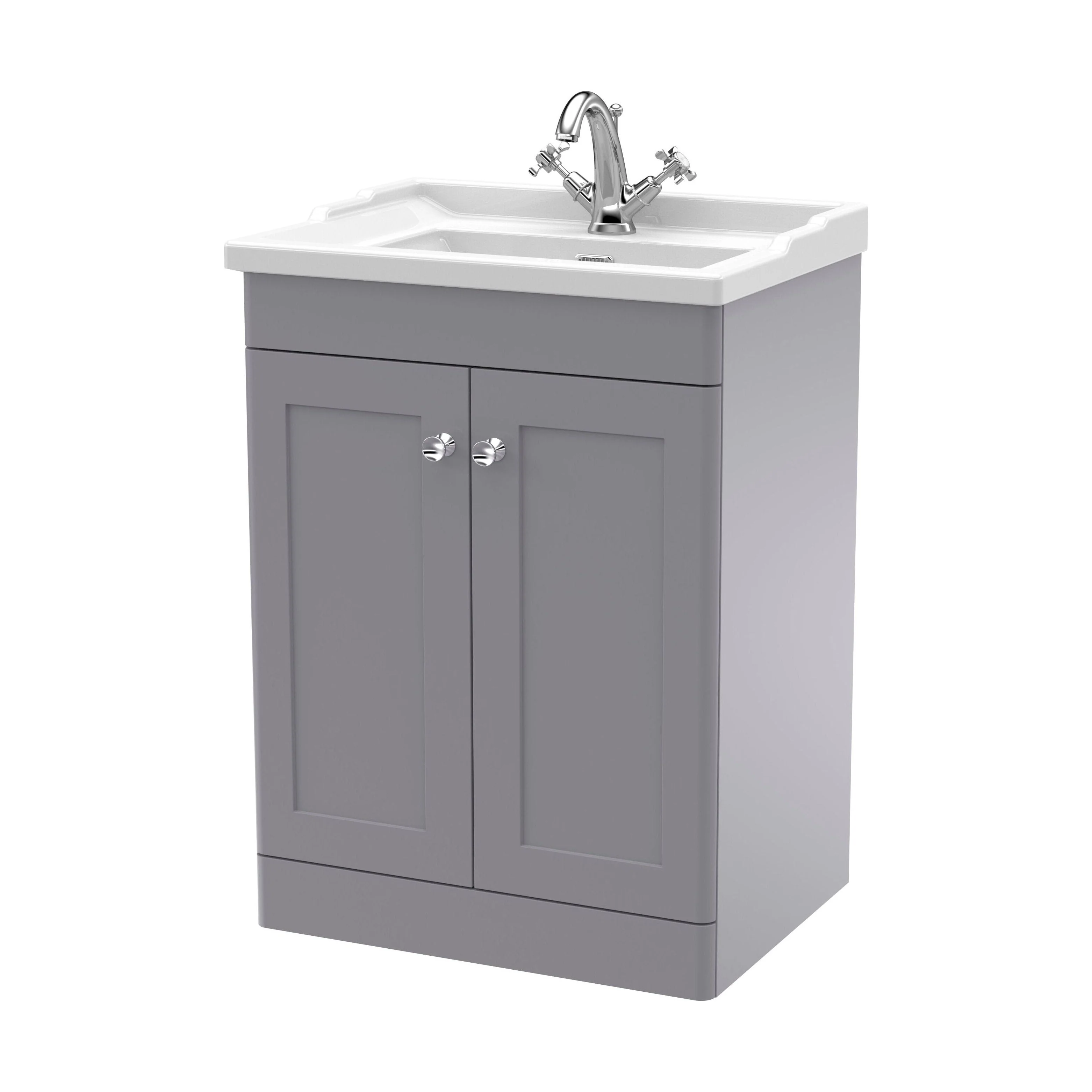Swynnerton Traditional 2 Door Floor Standing Vanity Unit with Basin, Satin Grey, 600mm