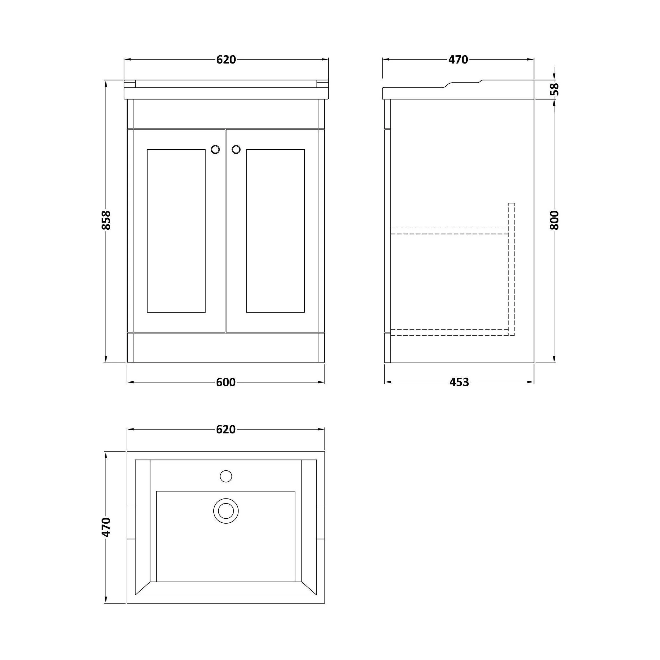 Swynnerton Traditional 2 Door Floor Standing Vanity Unit with Basin, Satin Grey, 600mm - Image 2