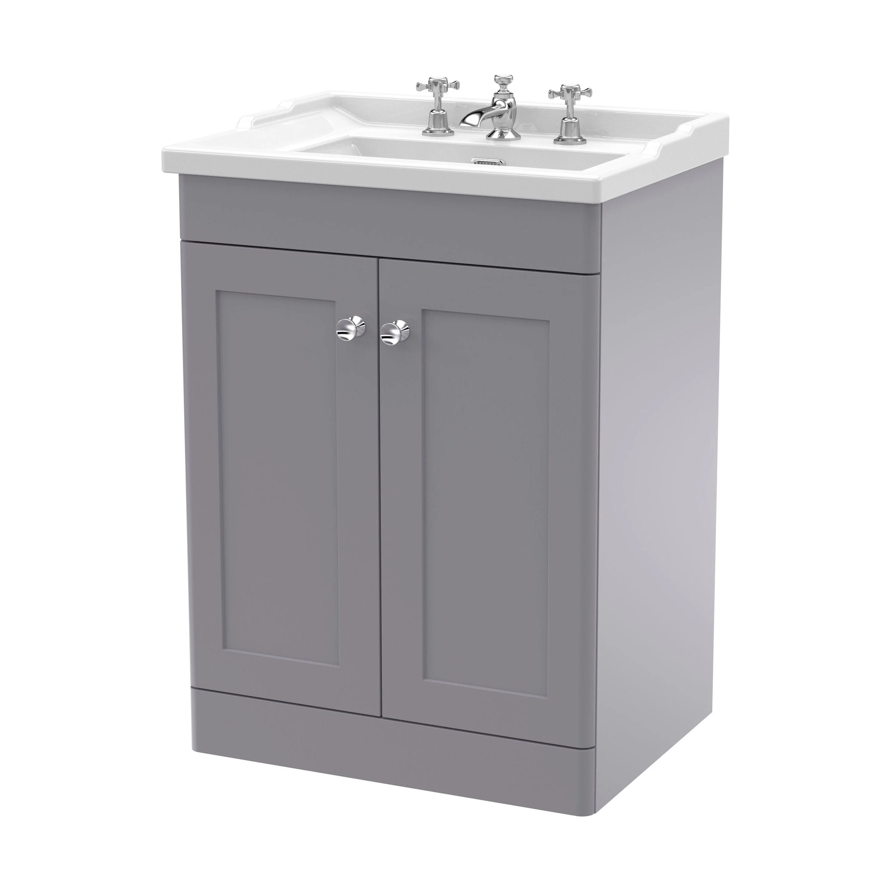 Swynnerton Traditional 2 Door Floor Standing Vanity Unit with Basin, Satin Grey, 600mm