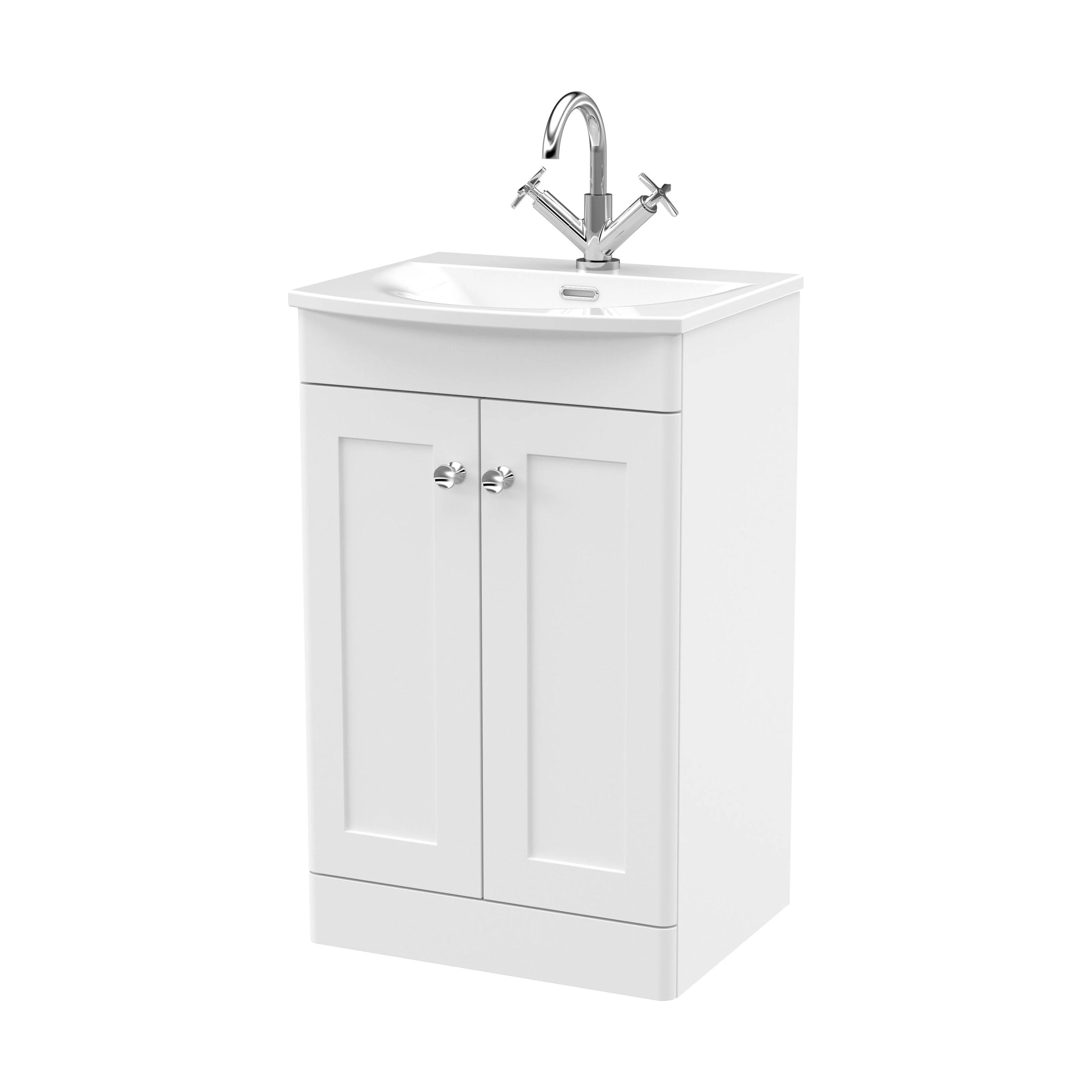 Swynnerton Traditional 2 Door Floor Standing Vanity Unit with Basin, Satin White, 500mm