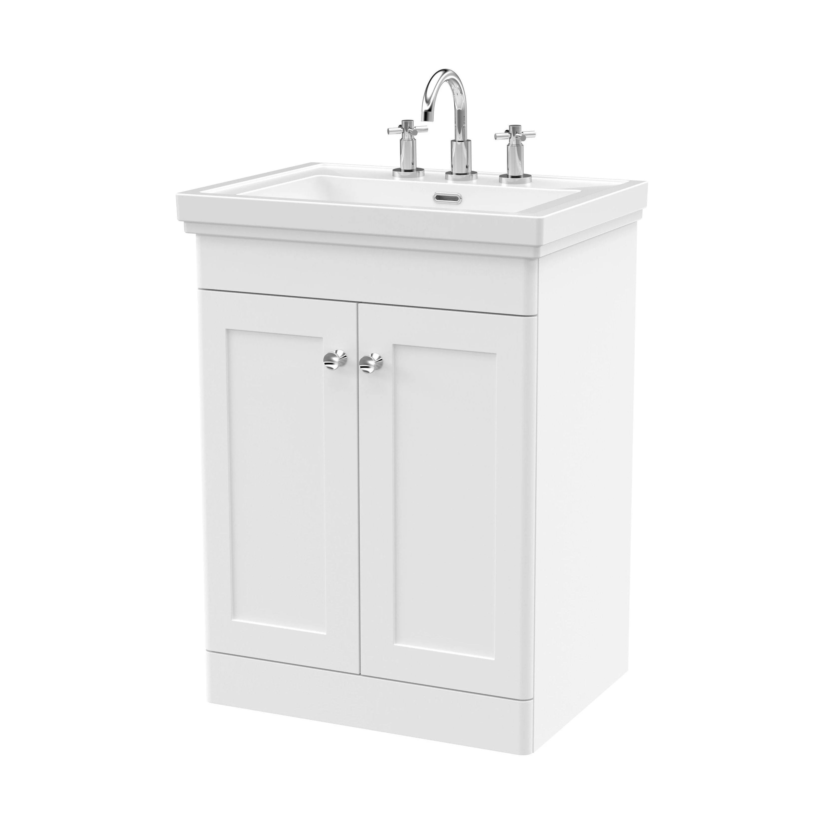 Swynnerton Traditional 2 Door Floor Standing Vanity Unit with Basin, Satin White, 600mm