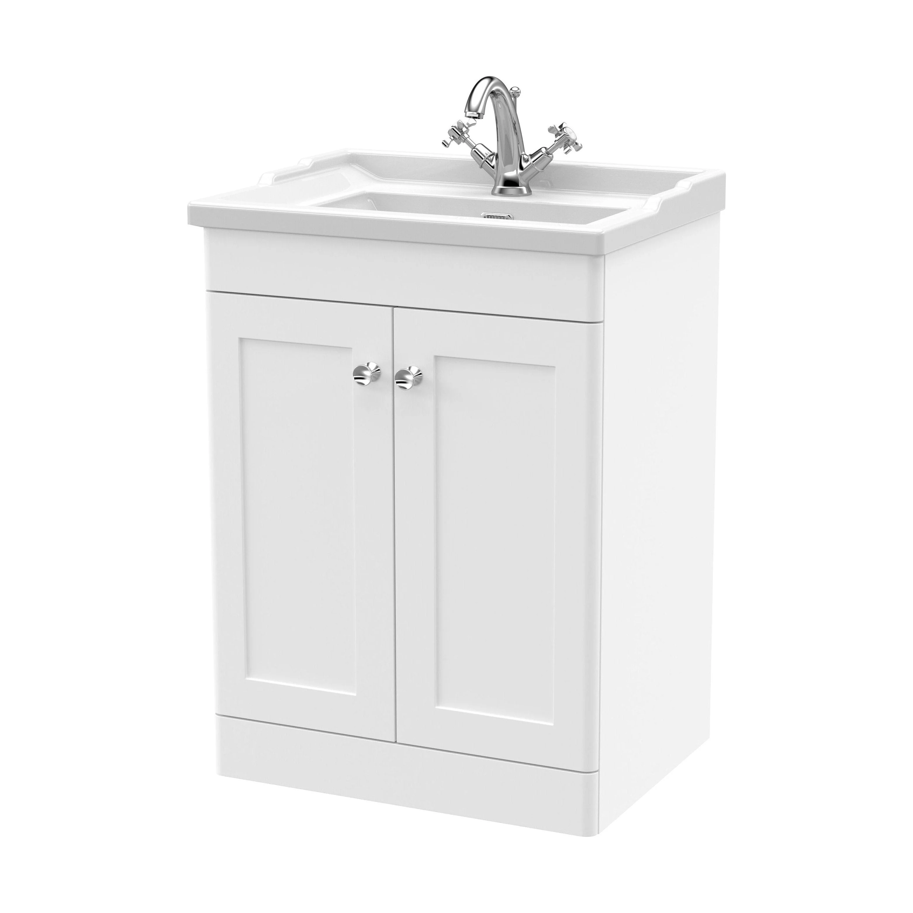 Swynnerton Traditional 2 Door Floor Standing Vanity Unit with Basin, Satin White, 600mm