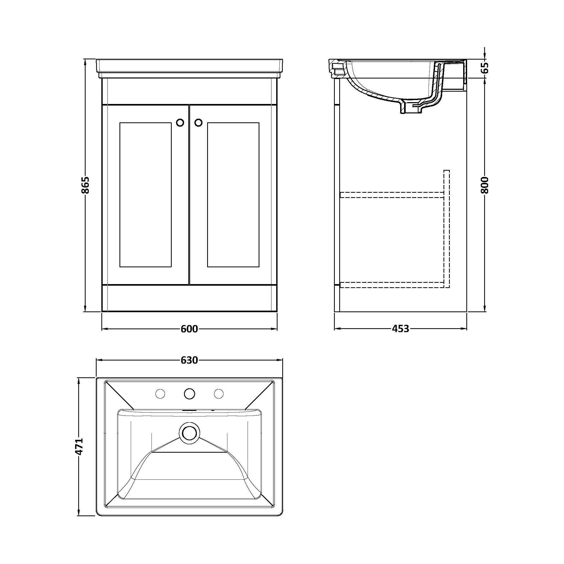 Swynnerton Traditional 2 Door Floor Standing Vanity Unit with Basin, Satin White, 600mm - Image 2