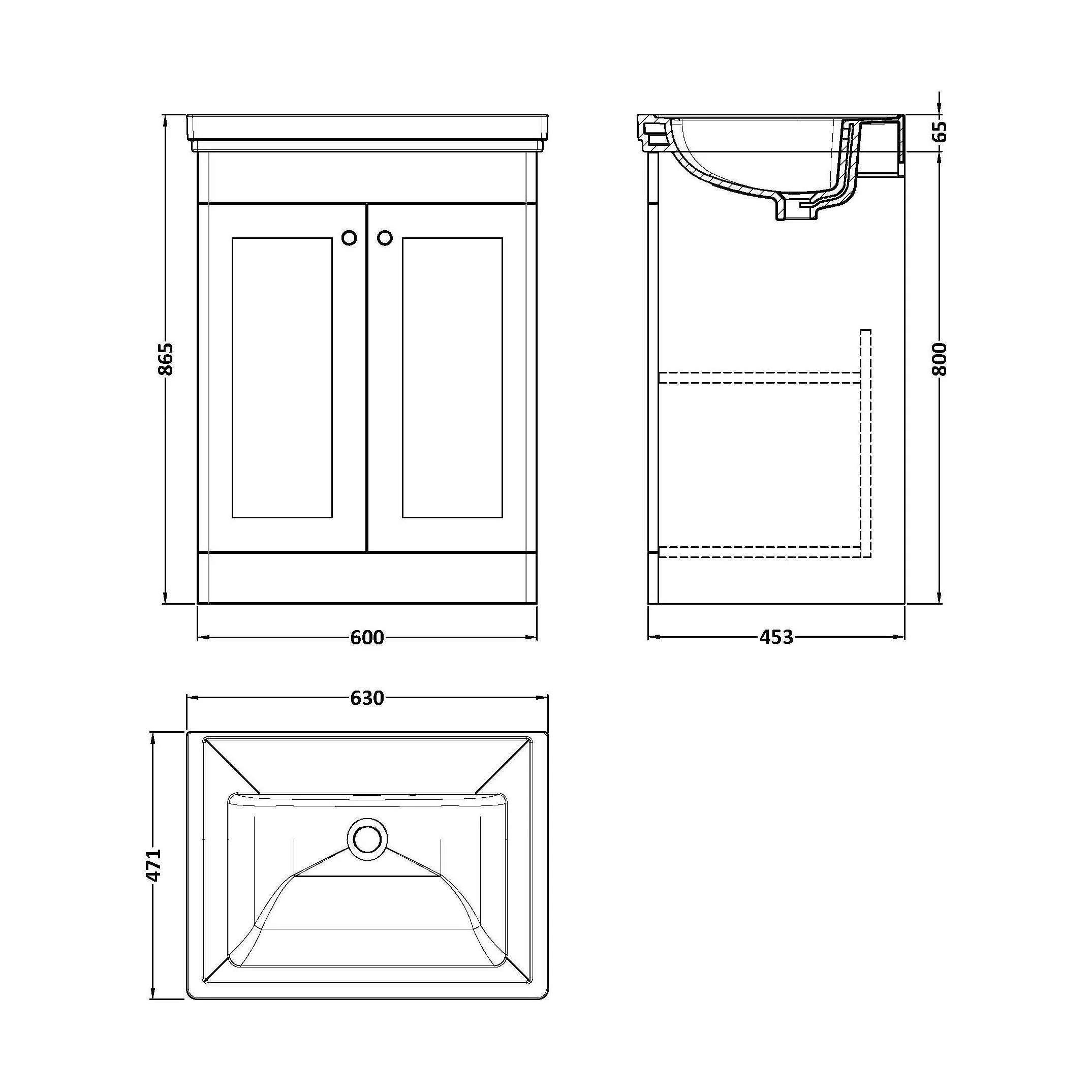 Swynnerton Traditional 2 Door Floor Standing Vanity Unit with Basin, Satin White, 600mm - Image 2