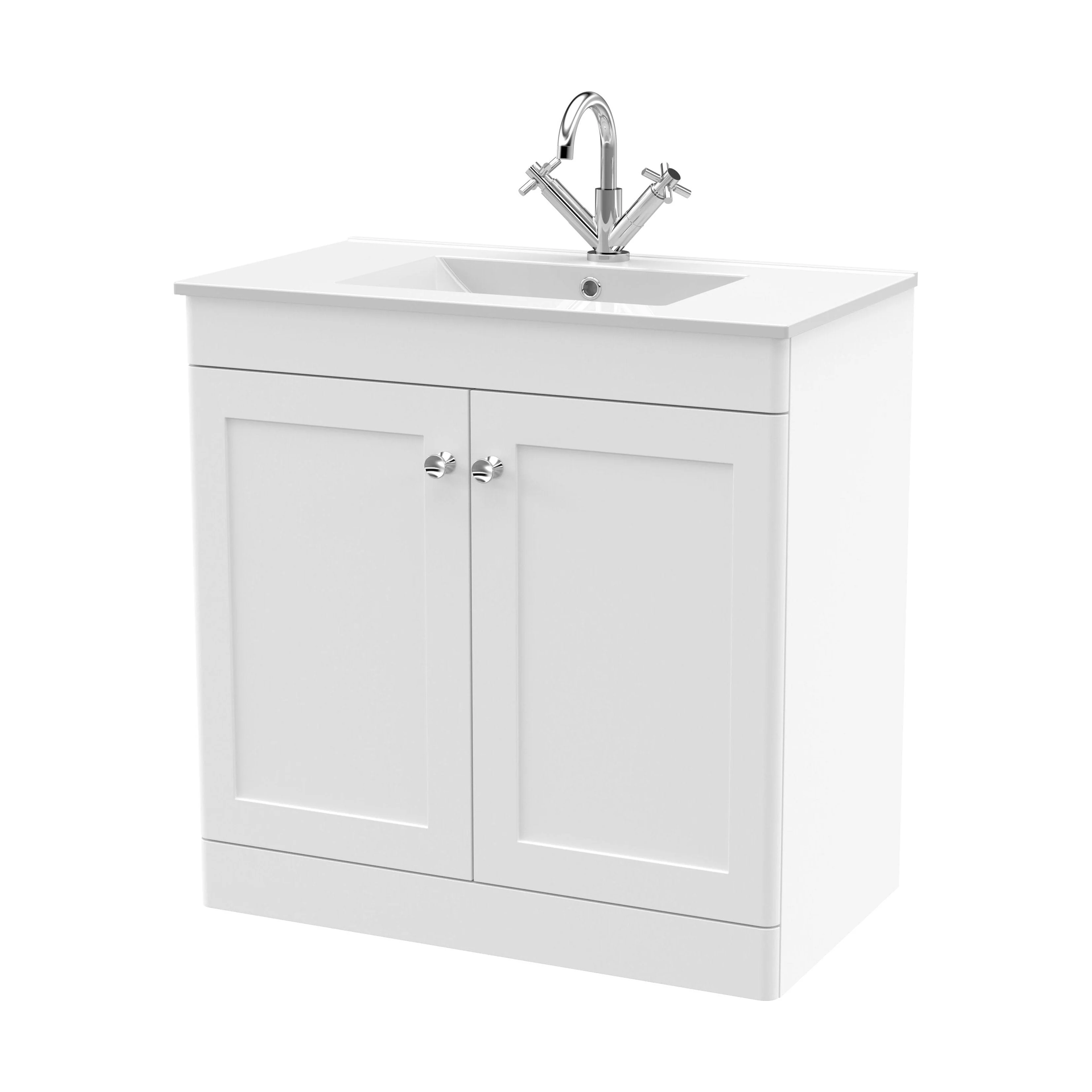 Swynnerton Traditional 2 Door Floor Standing Vanity Unit with Basin, Satin White, 800mm