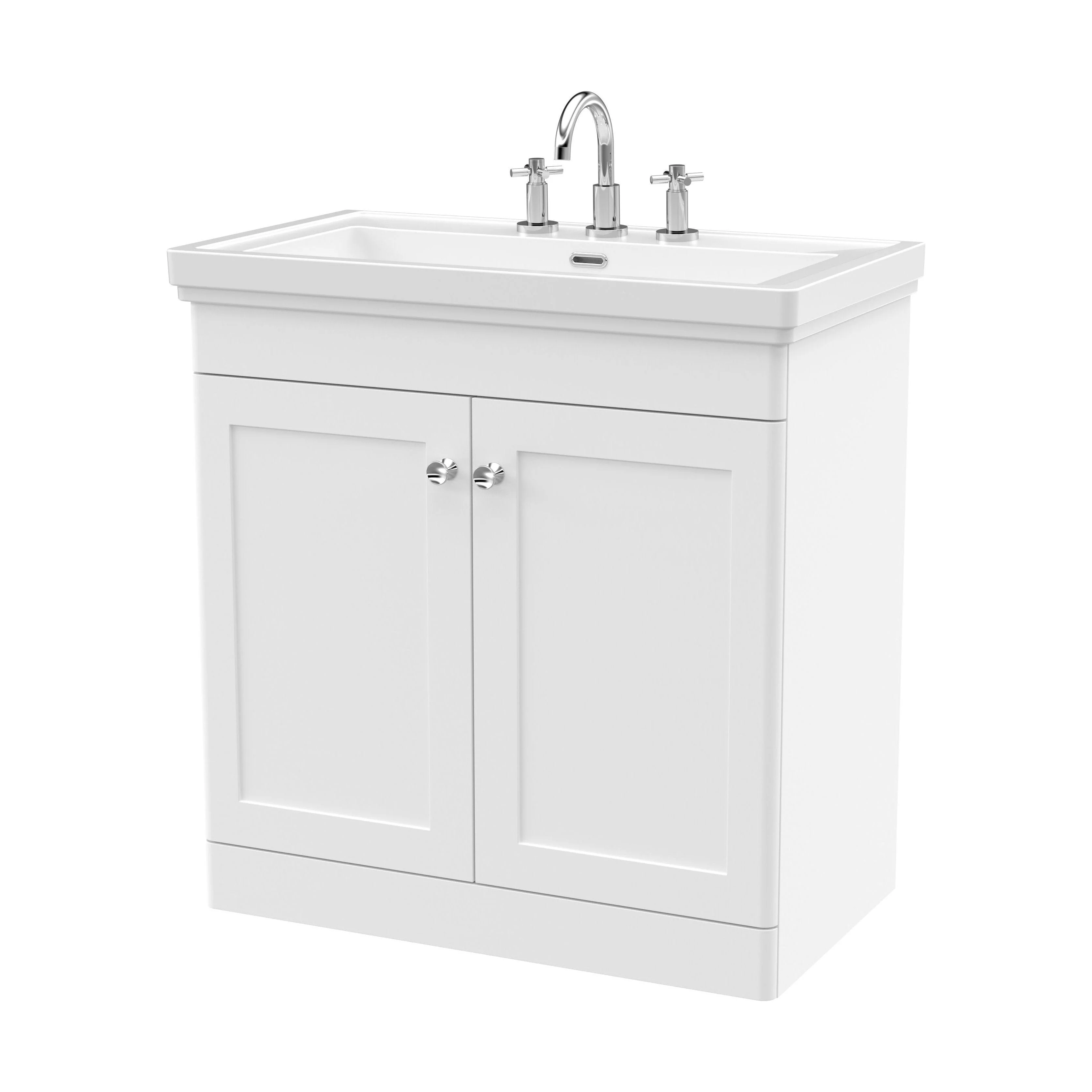 Swynnerton Traditional 2 Door Floor Standing Vanity Unit with Basin, Satin White, 800mm
