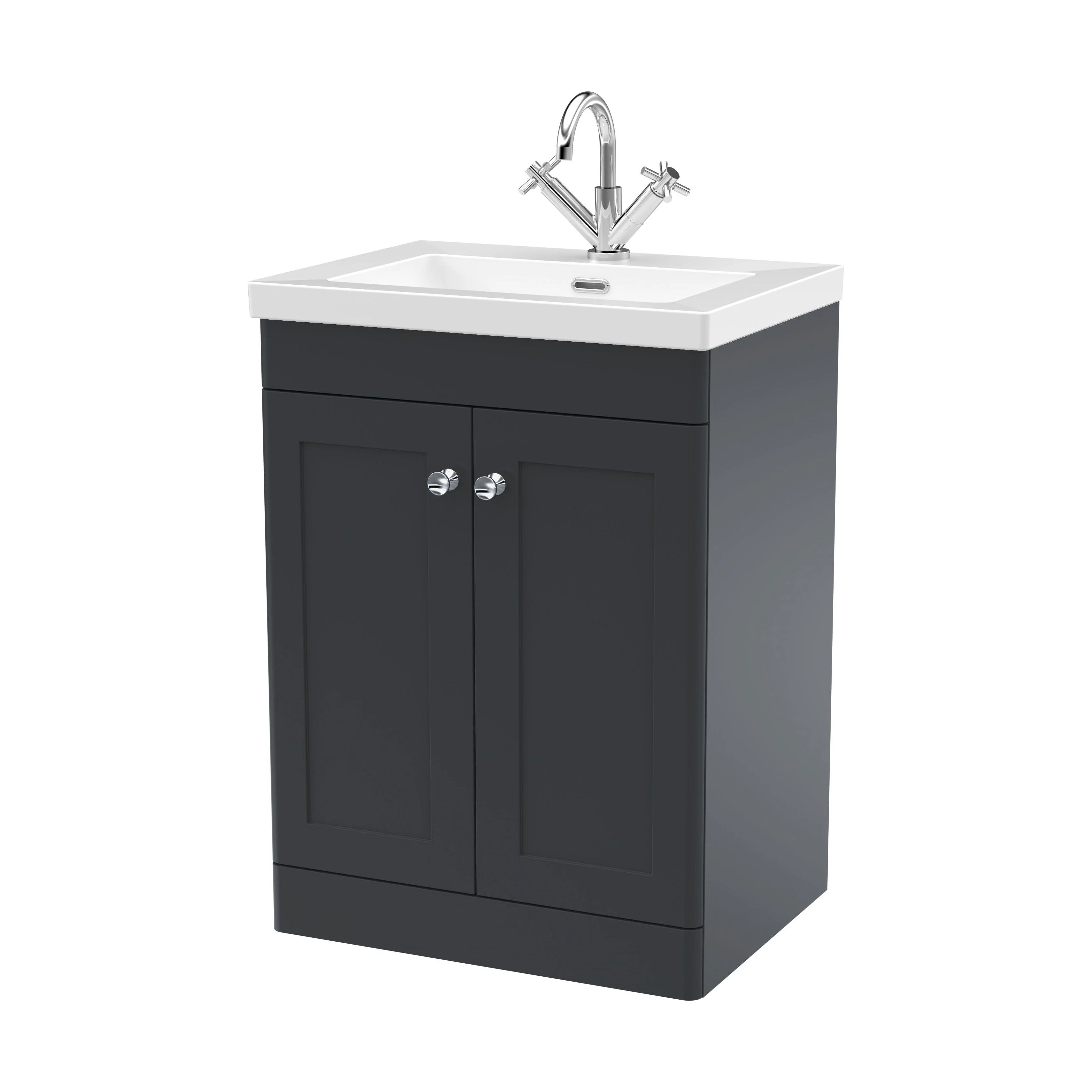 Swynnerton Traditional 2 Door Floor Standing Vanity Unit with Fireclay Basin, Dark Grey, 600mm