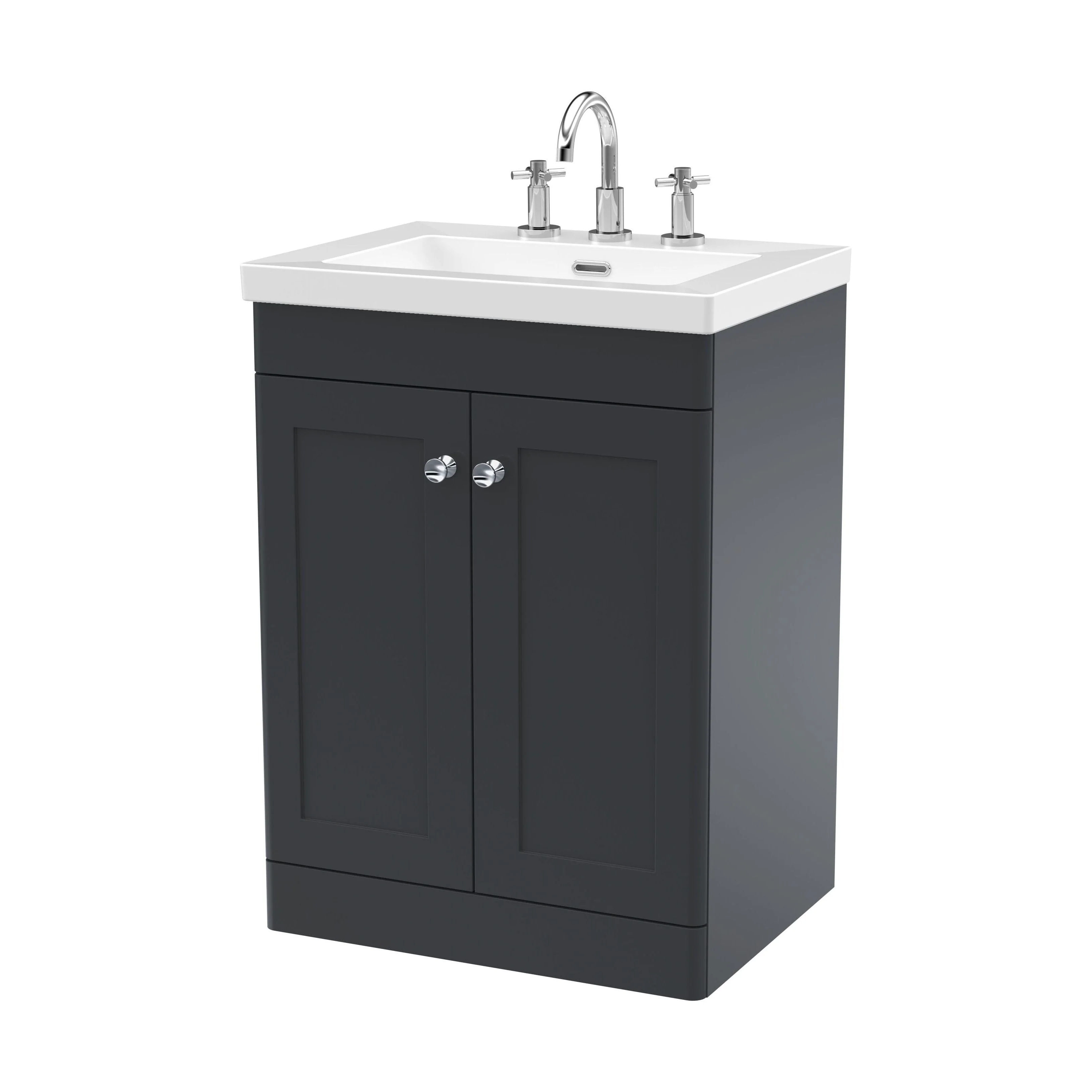 Swynnerton Traditional 2 Door Floor Standing Vanity Unit with Fireclay Basin, Dark Grey, 600mm