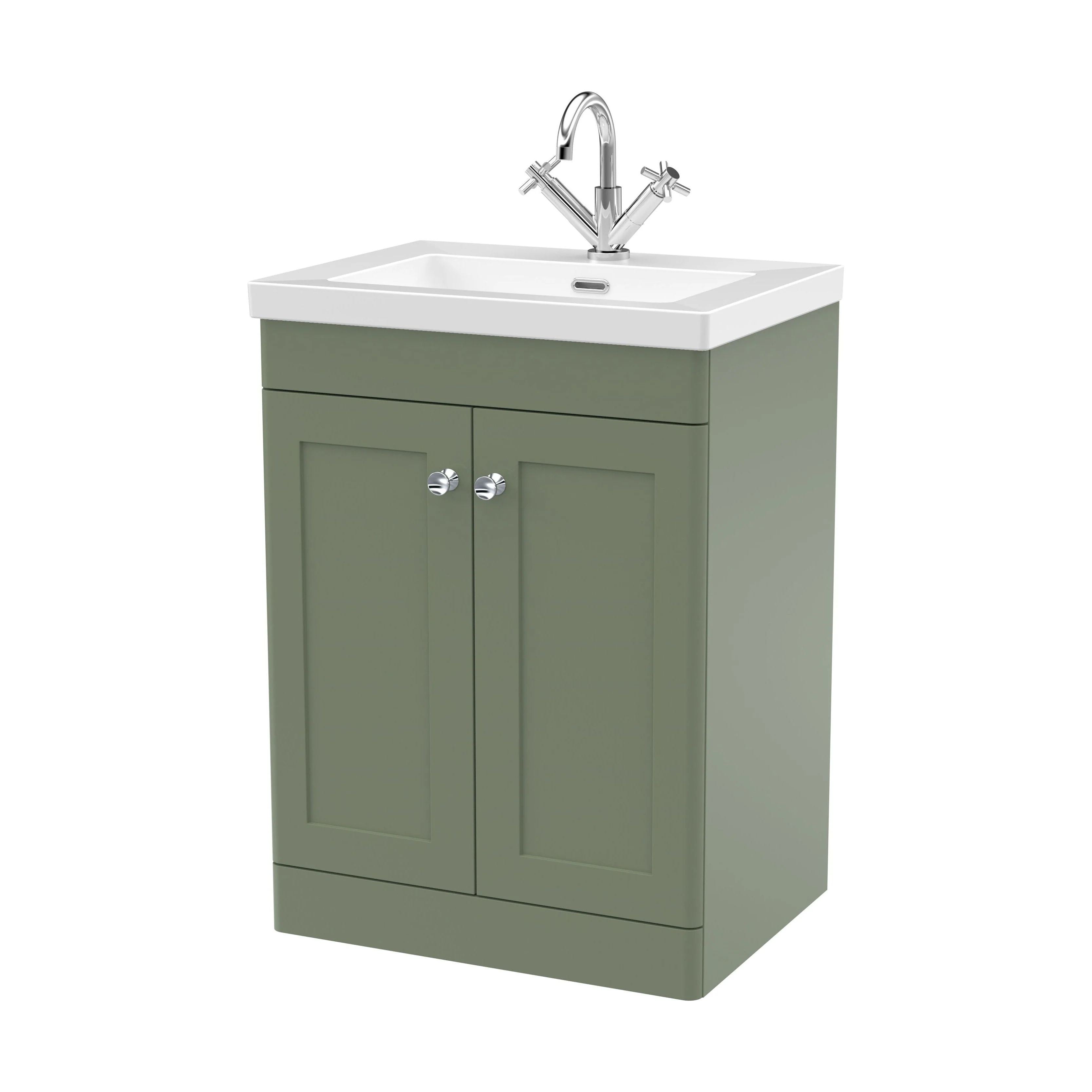 Swynnerton Traditional 2 Door Floor Standing Vanity Unit with Fireclay Basin, Satin Green, 600mm