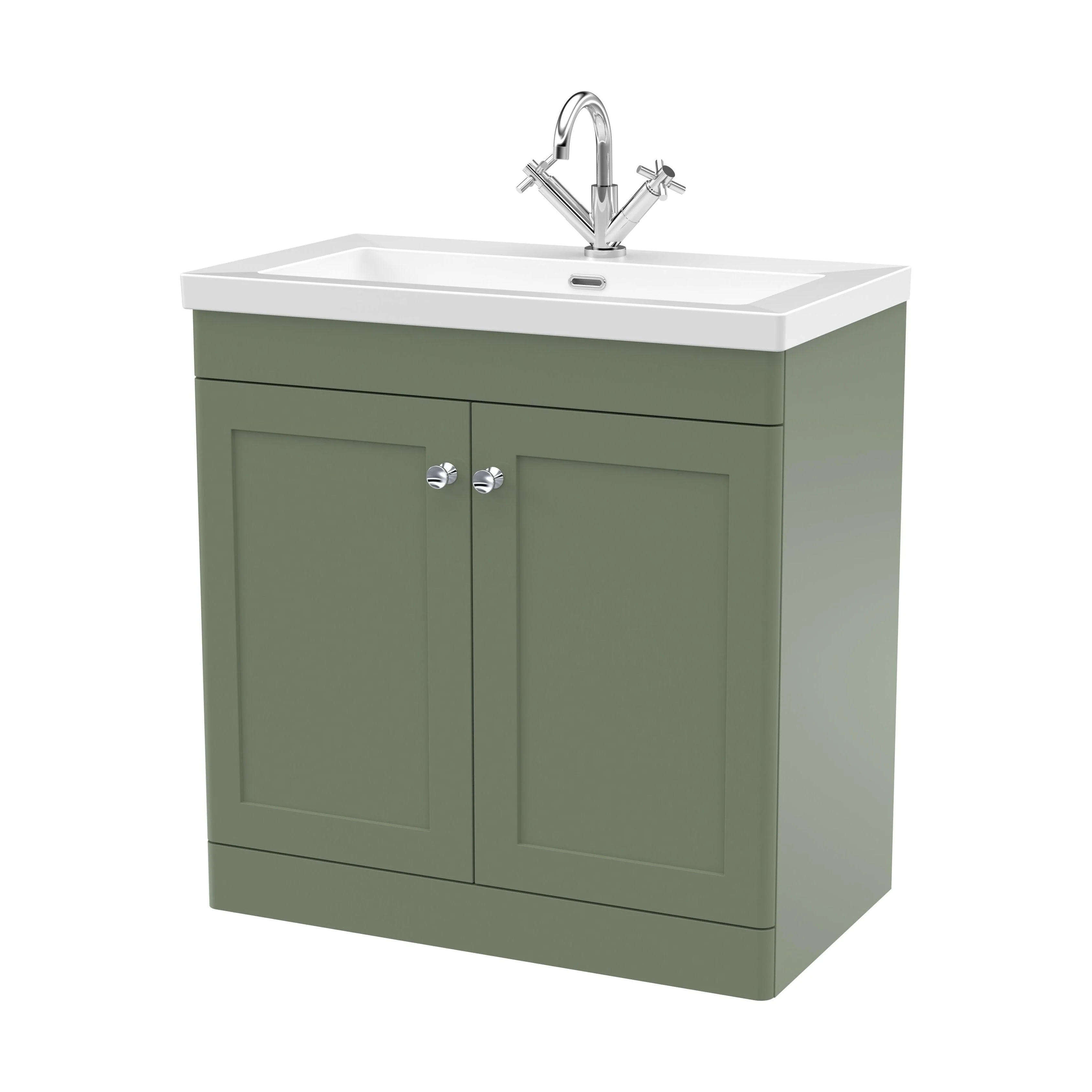 Swynnerton Traditional 2 Door Floor Standing Vanity Unit with Fireclay Basin, Satin Green, 800mm