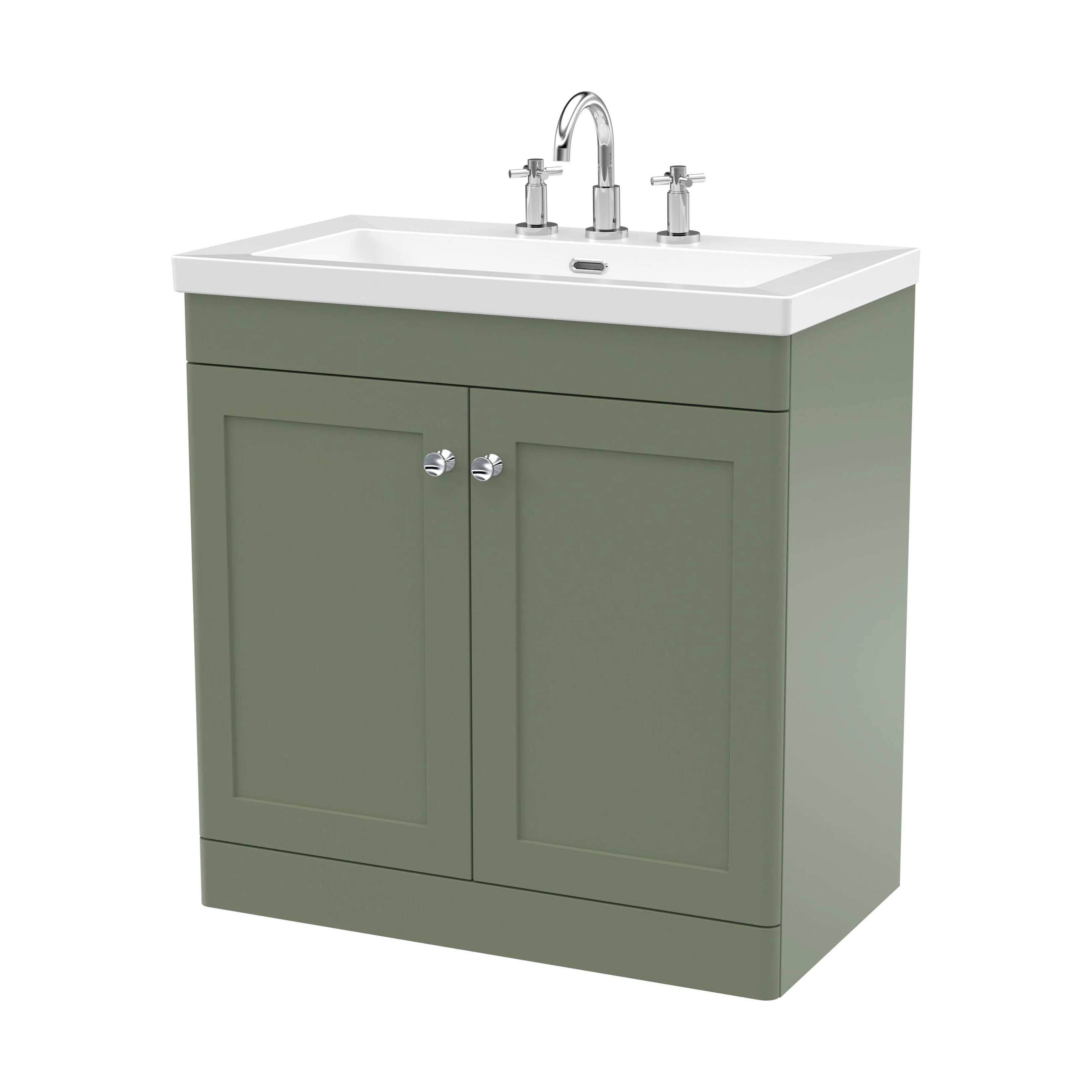Swynnerton Traditional 2 Door Floor Standing Vanity Unit with Fireclay Basin, Satin Green, 800mm