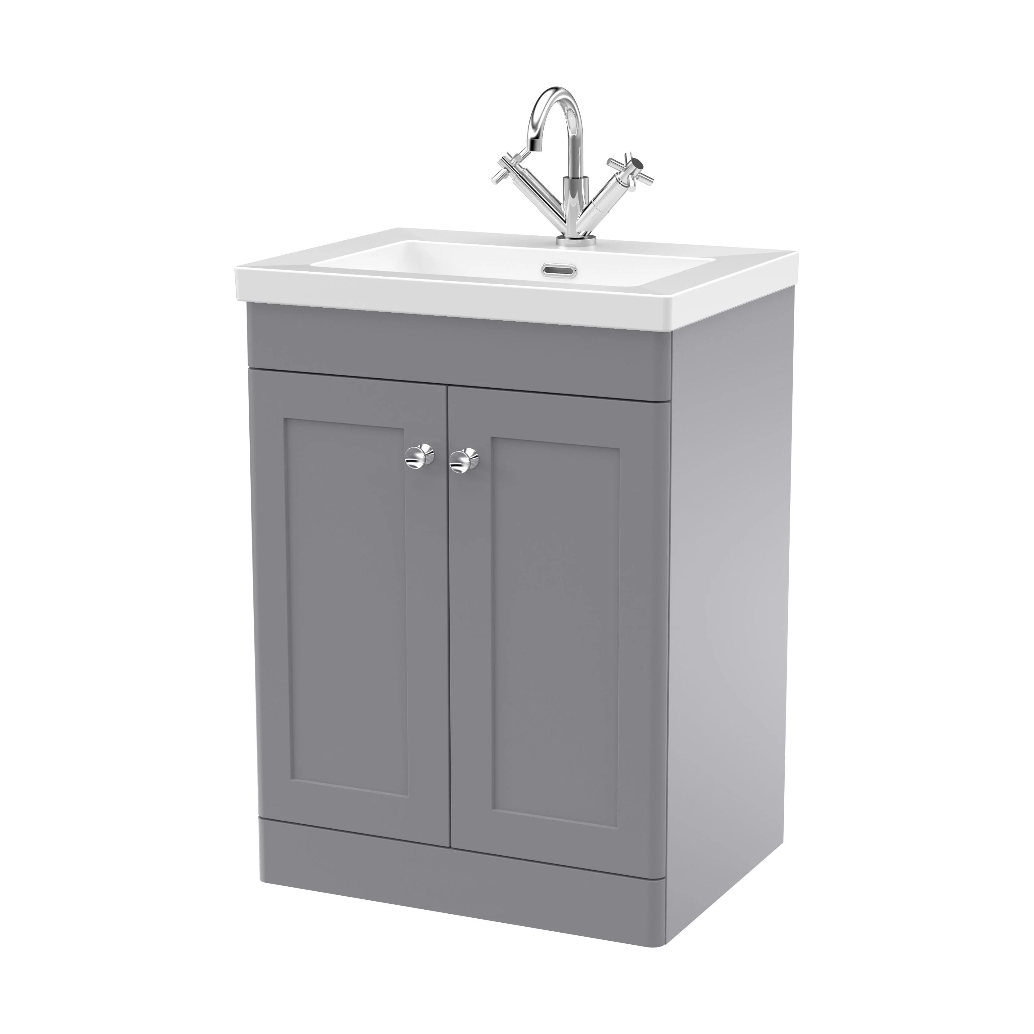 Swynnerton Traditional 2 Door Floor Standing Vanity Unit with Fireclay Basin, Satin Grey, 600mm