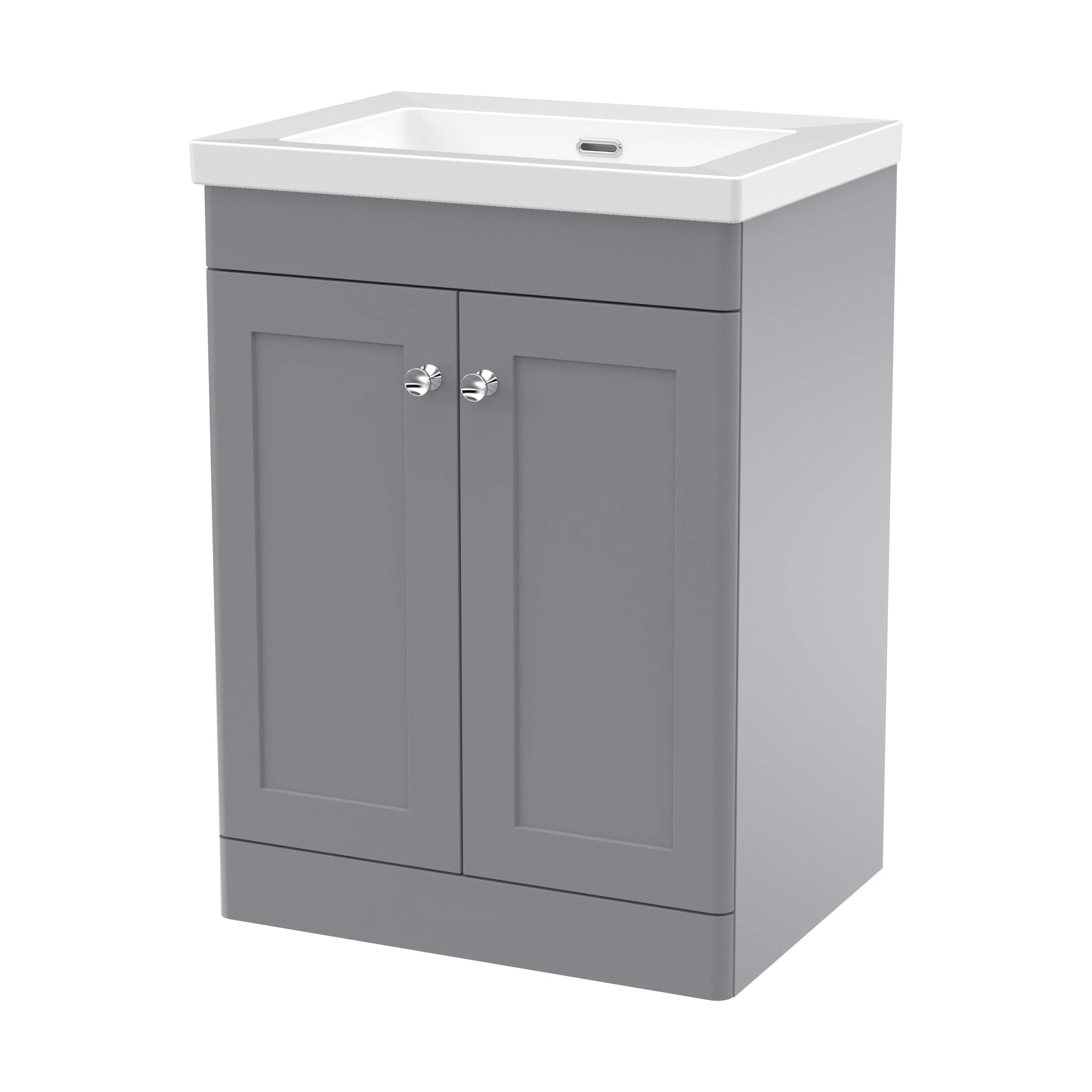 Swynnerton Traditional 2 Door Floor Standing Vanity Unit with Fireclay Basin, Satin Grey, 600mm