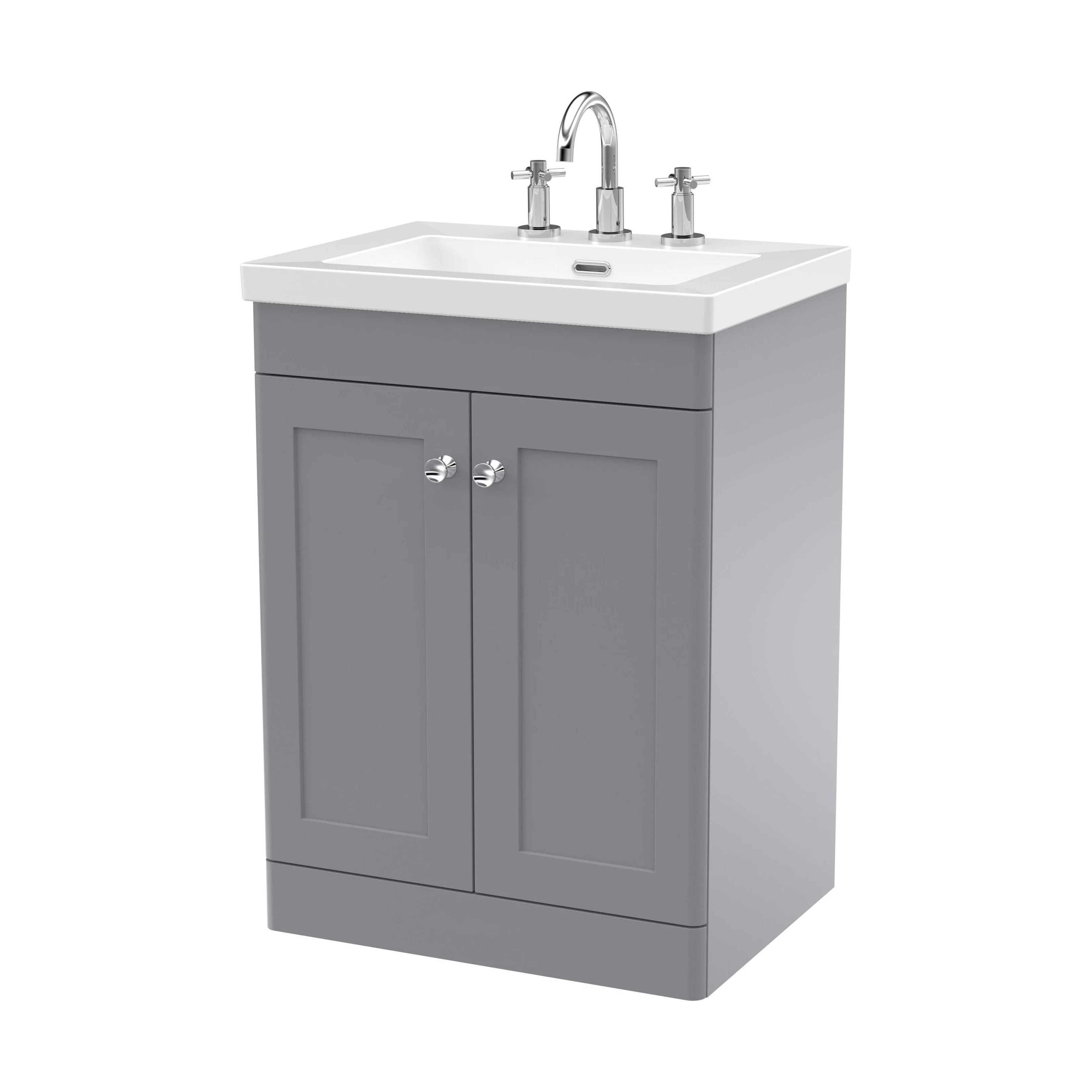 Swynnerton Traditional 2 Door Floor Standing Vanity Unit with Fireclay Basin, Satin Grey, 600mm