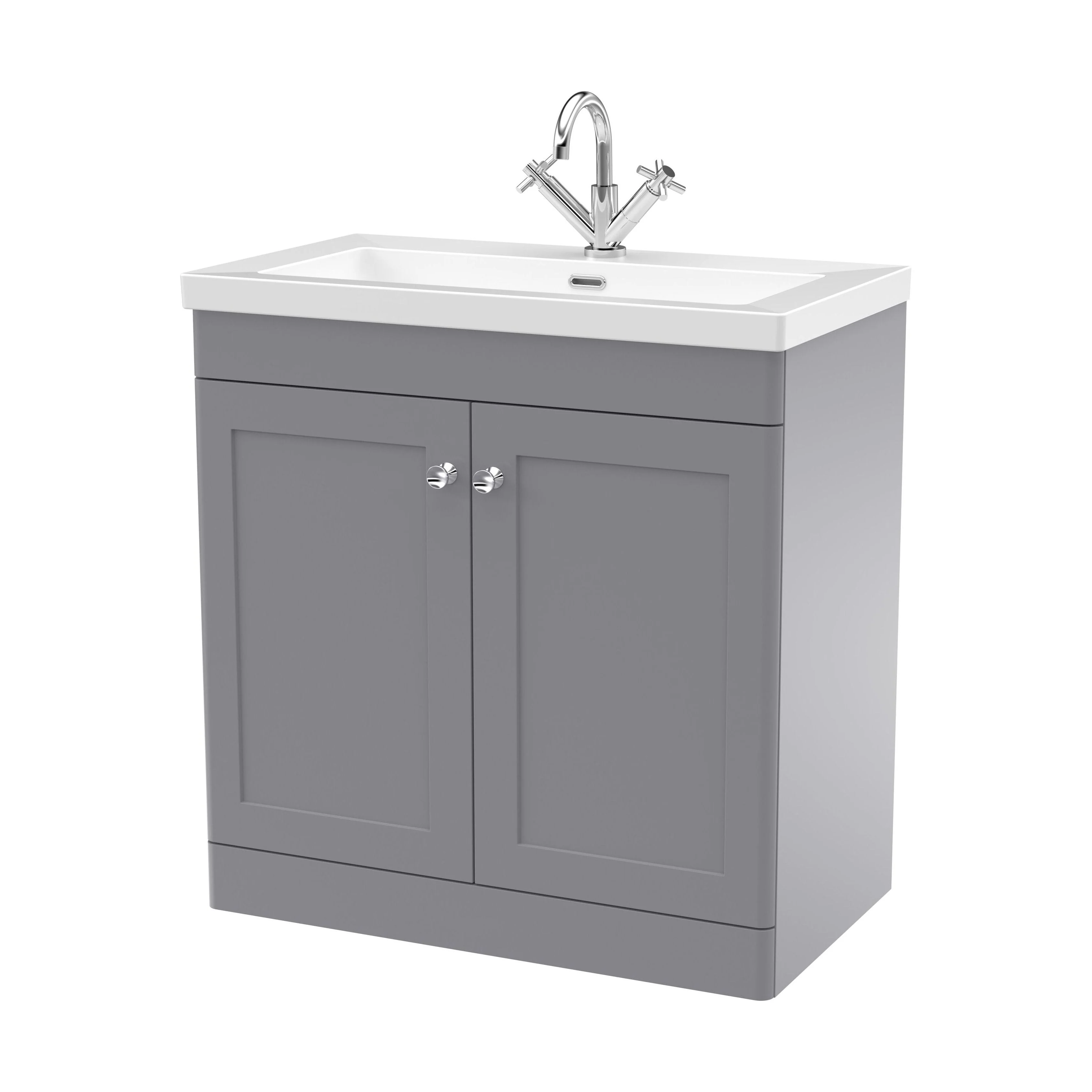 Swynnerton Traditional 2 Door Floor Standing Vanity Unit with Fireclay Basin, Satin Grey, 800mm