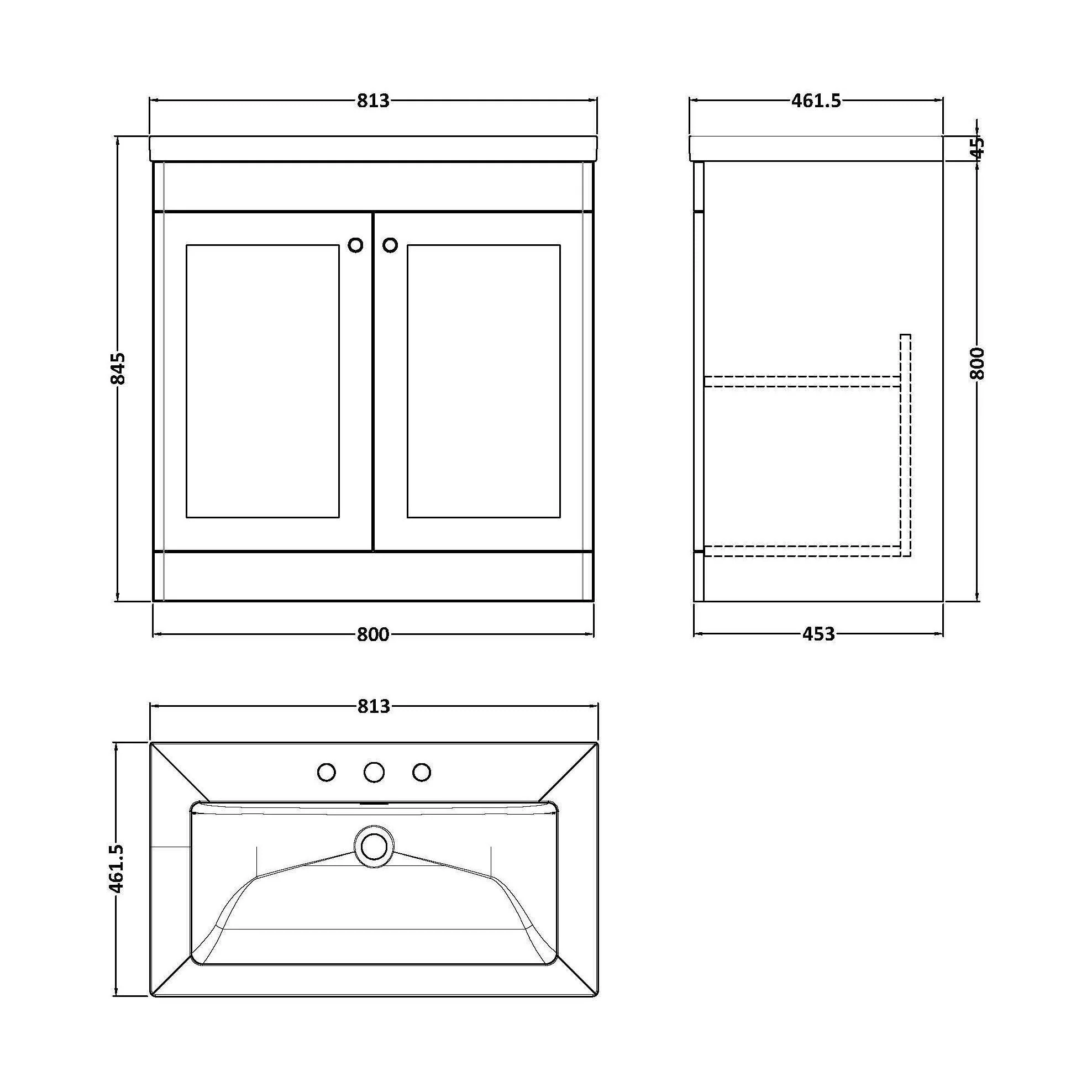 Swynnerton Traditional 2 Door Floor Standing Vanity Unit with Fireclay Basin, Satin Grey, 800mm - Image 2