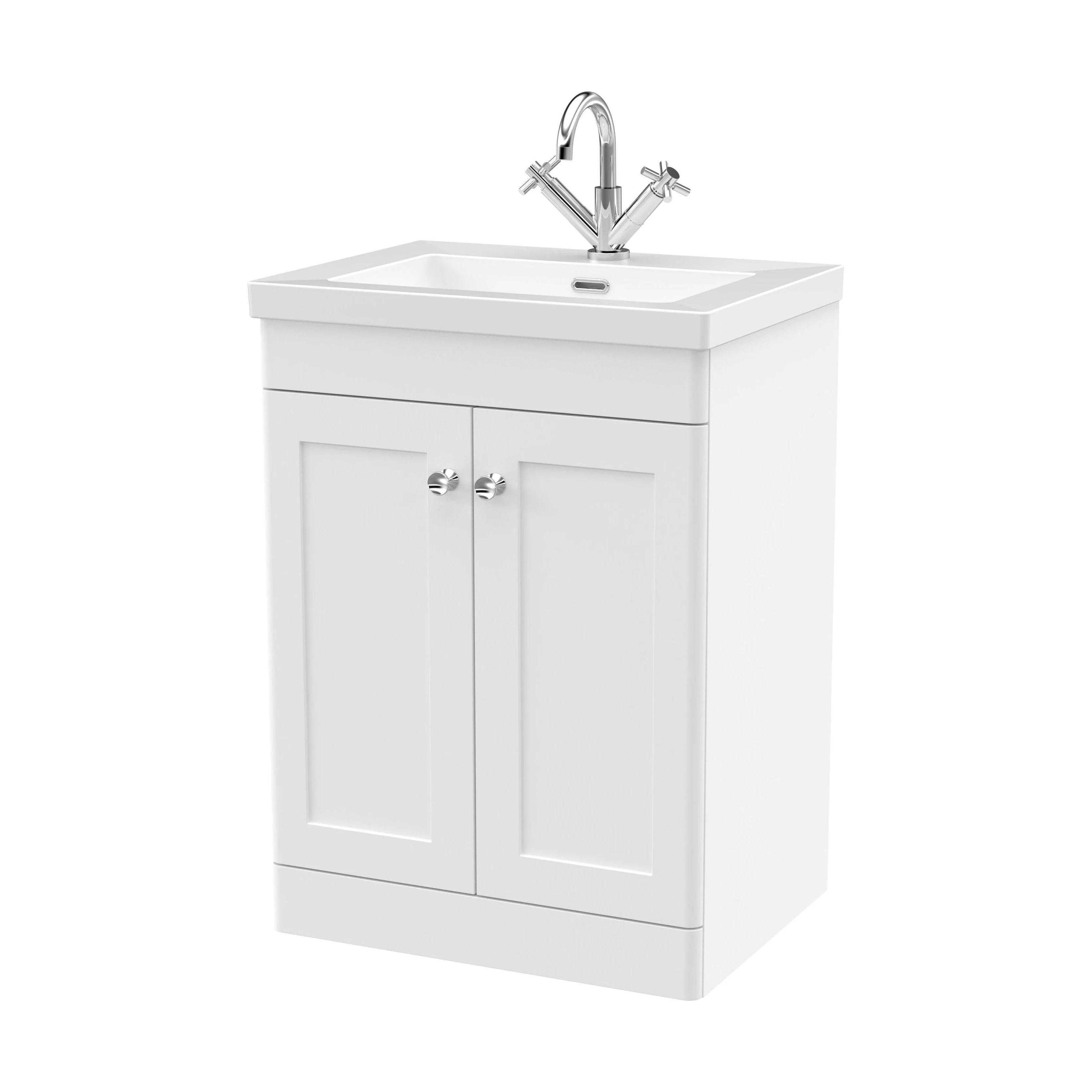 Swynnerton Traditional 2 Door Floor Standing Vanity Unit with Fireclay Basin, Satin White, 600mm