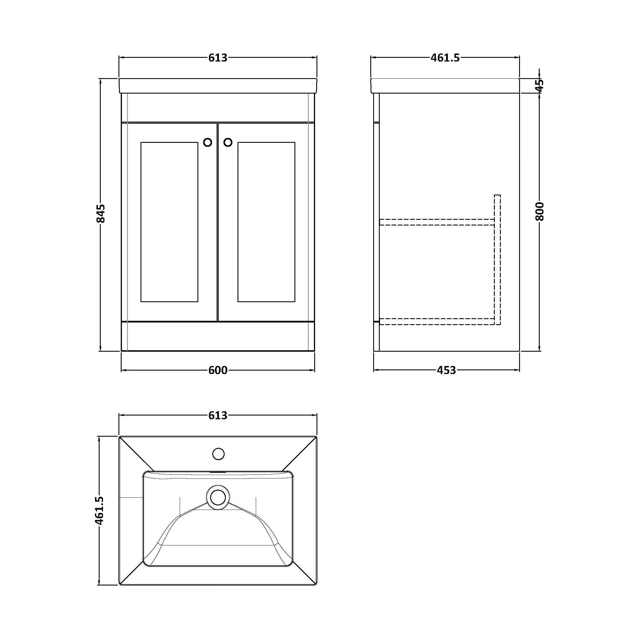 Swynnerton Traditional 2 Door Floor Standing Vanity Unit with Fireclay Basin, Satin White, 600mm - Image 2