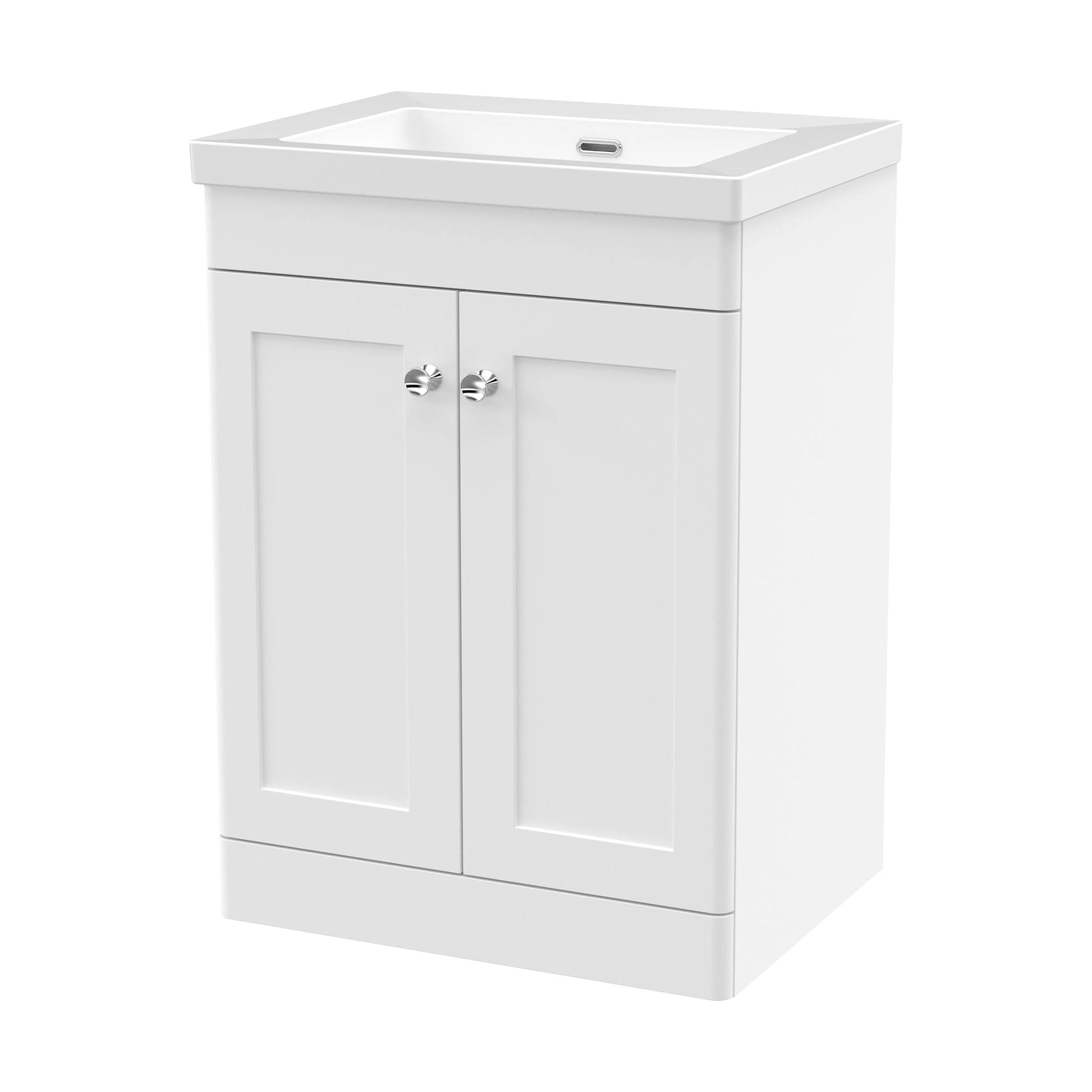 Swynnerton Traditional 2 Door Floor Standing Vanity Unit with Fireclay Basin, Satin White, 600mm