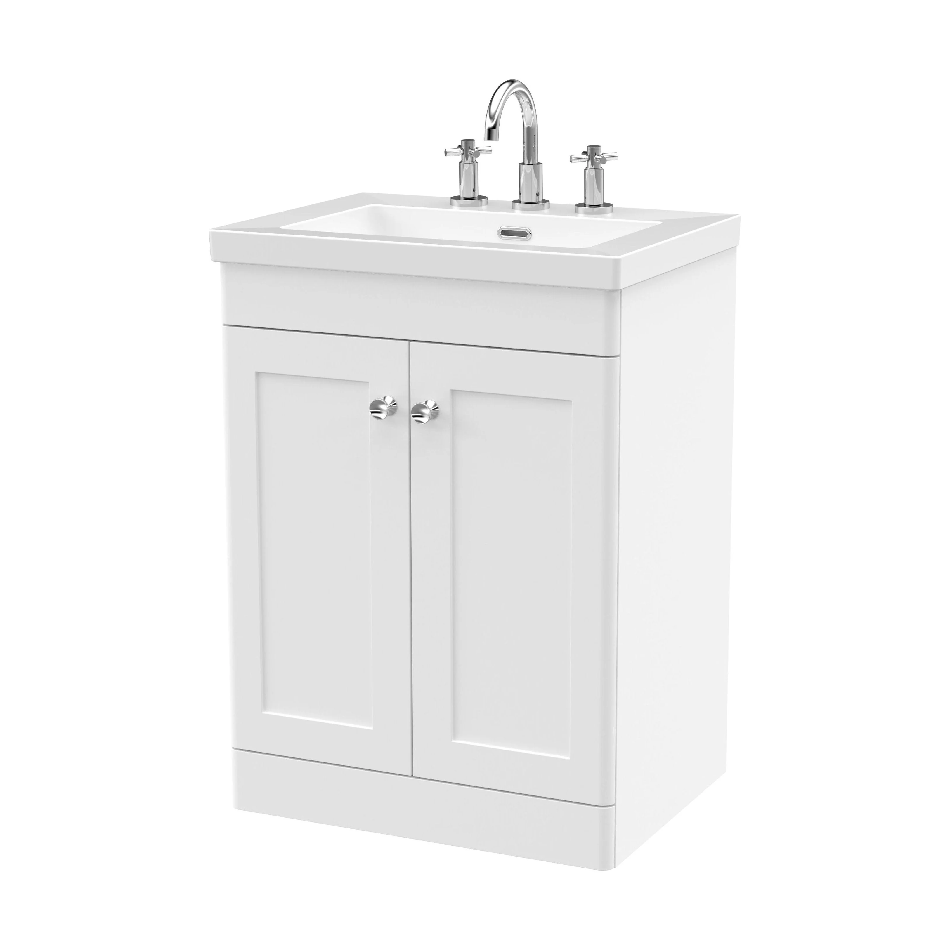 Swynnerton Traditional 2 Door Floor Standing Vanity Unit with Fireclay Basin, Satin White, 600mm