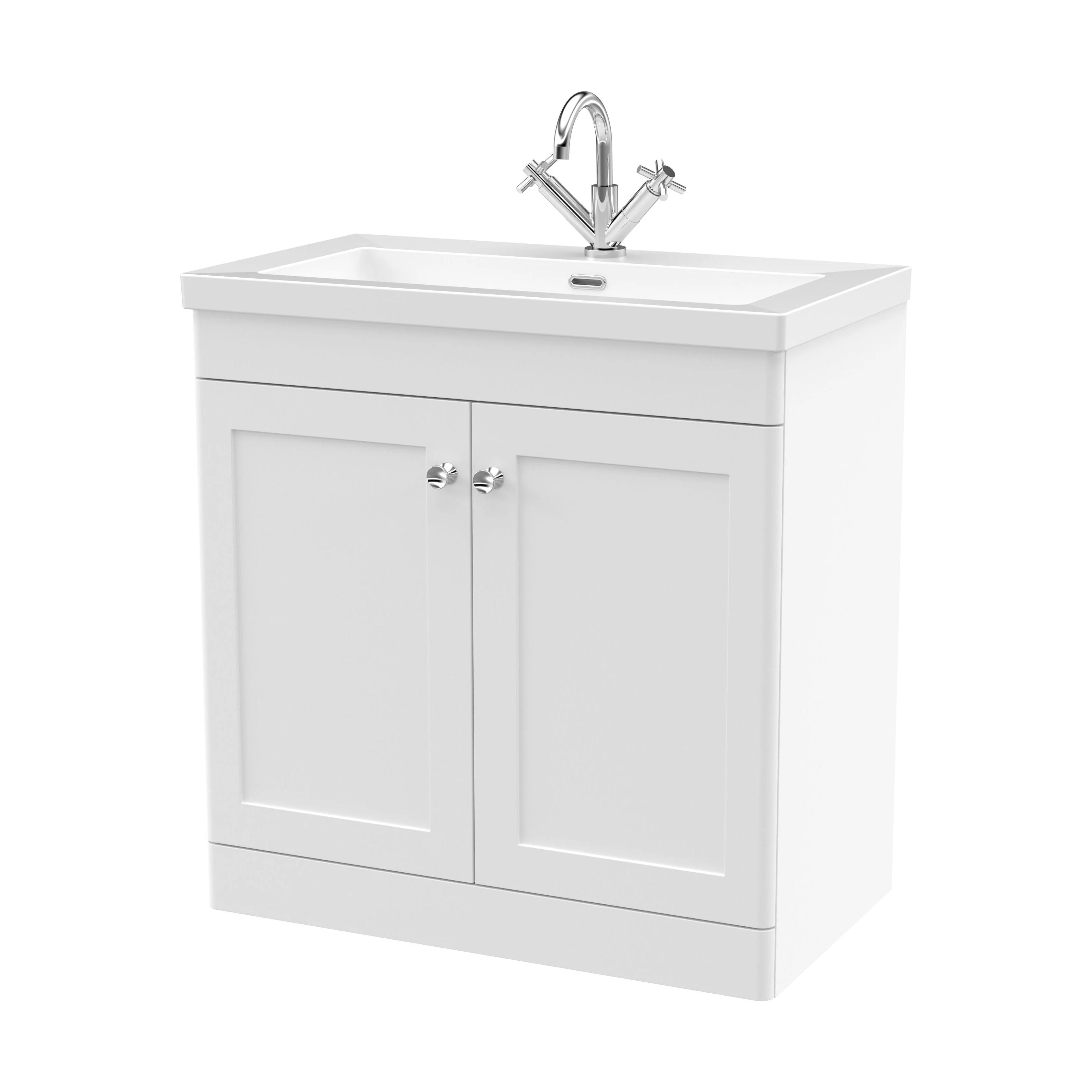 Swynnerton Traditional 2 Door Floor Standing Vanity Unit with Fireclay Basin, Satin White, 800mm