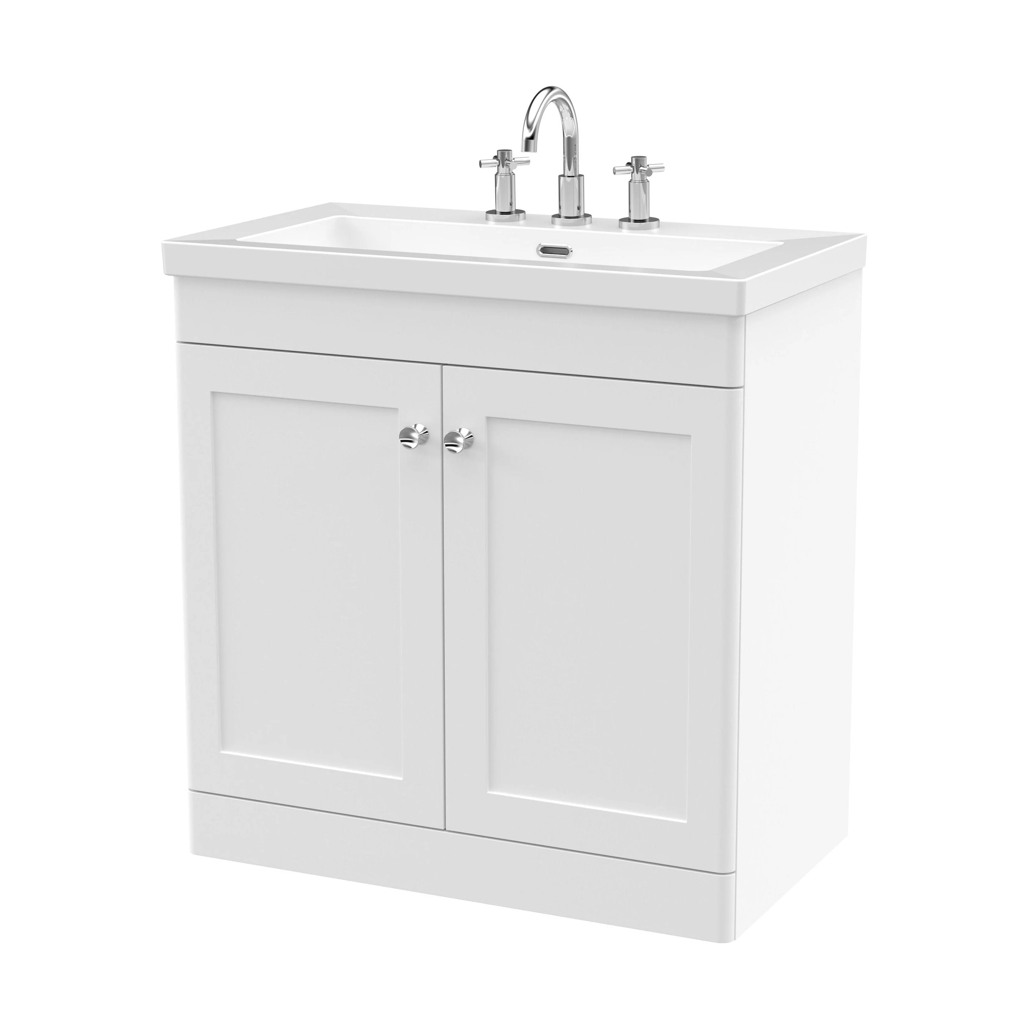 Swynnerton Traditional 2 Door Floor Standing Vanity Unit with Fireclay Basin, Satin White, 800mm