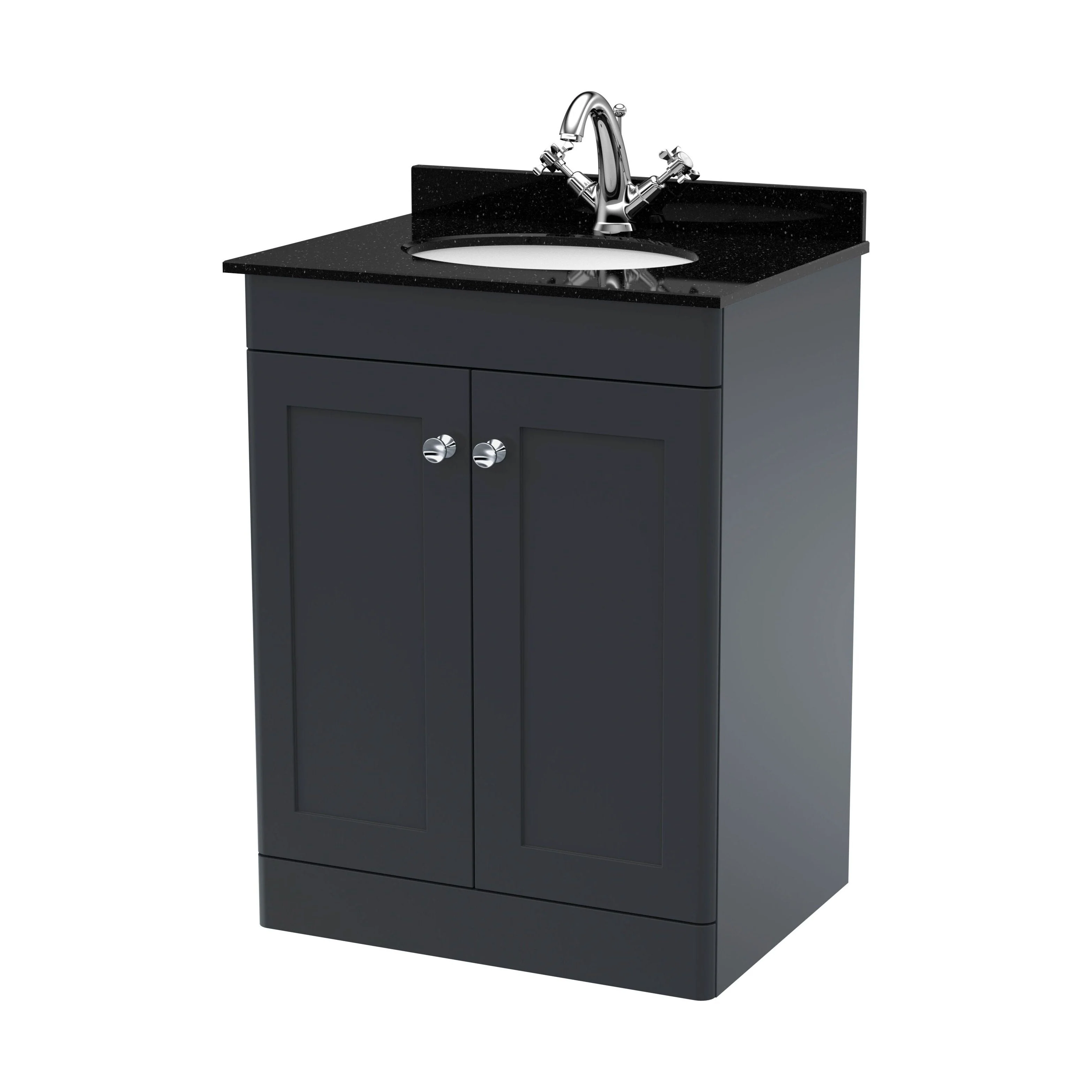 Swynnerton Traditional 2 Door Floor Standing Vanity Unit with Marble Basin, Dark Grey, 600mm